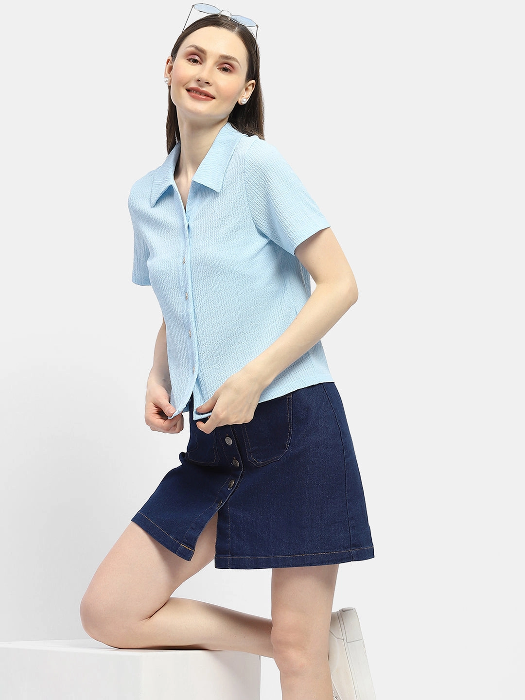 Madame Textured Sky Blue Half Sleeve Shirt Minimalist Aesthetic Flexible Movement