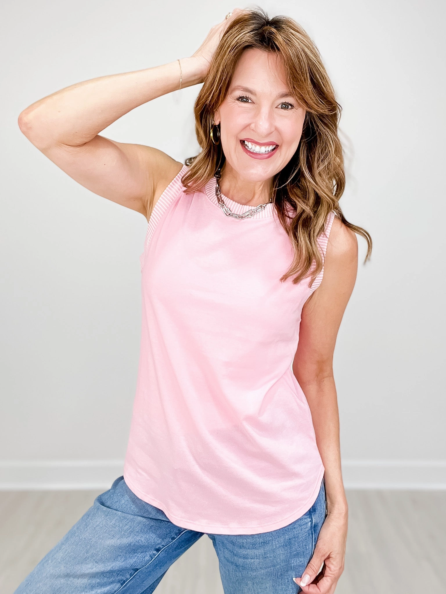 Ribbed and Cotton Mix Contrast Sleeveless Top Airflow Vents