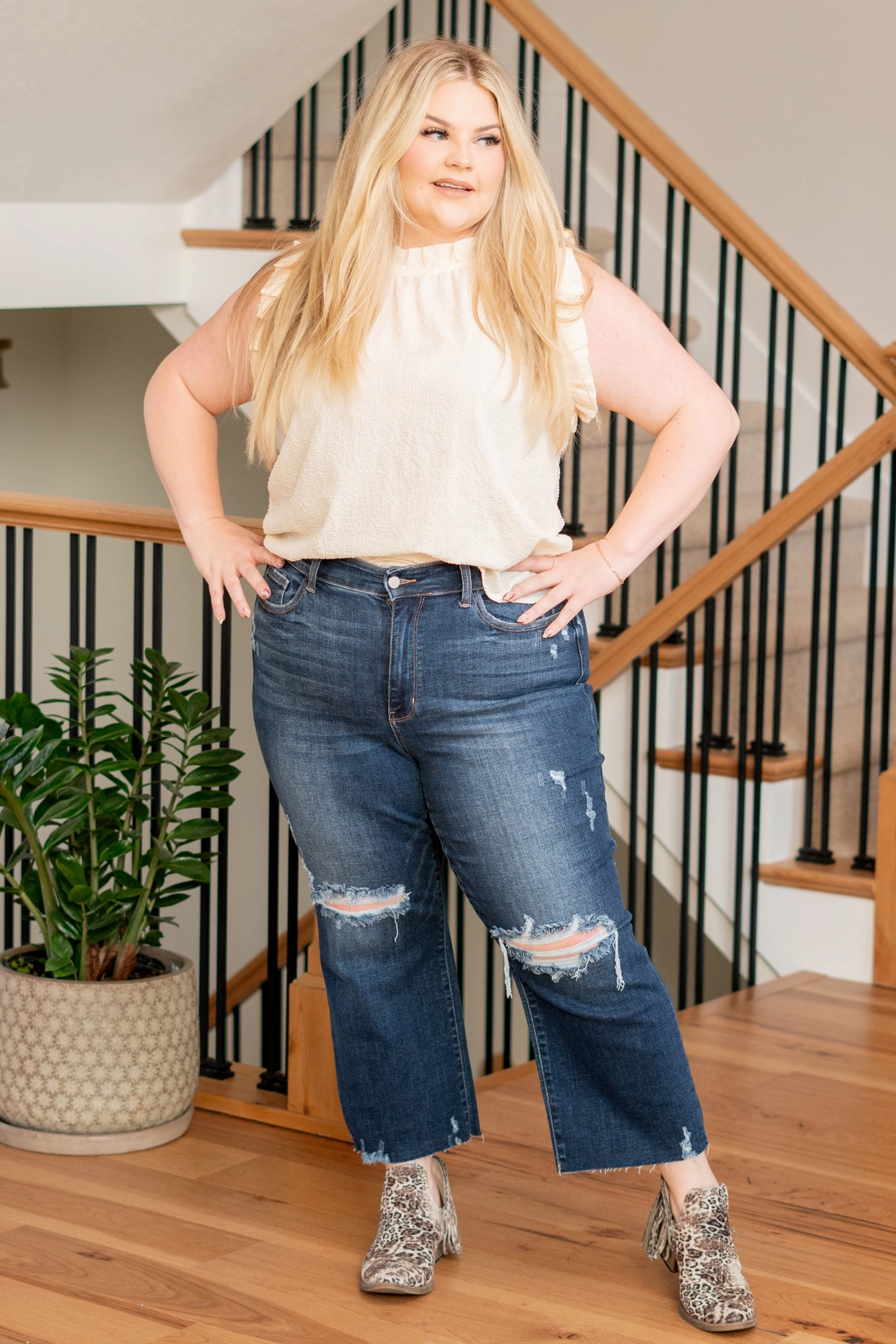 Subtle Look Plus Size Albany High Rise Distressed Cropped Wide Leg