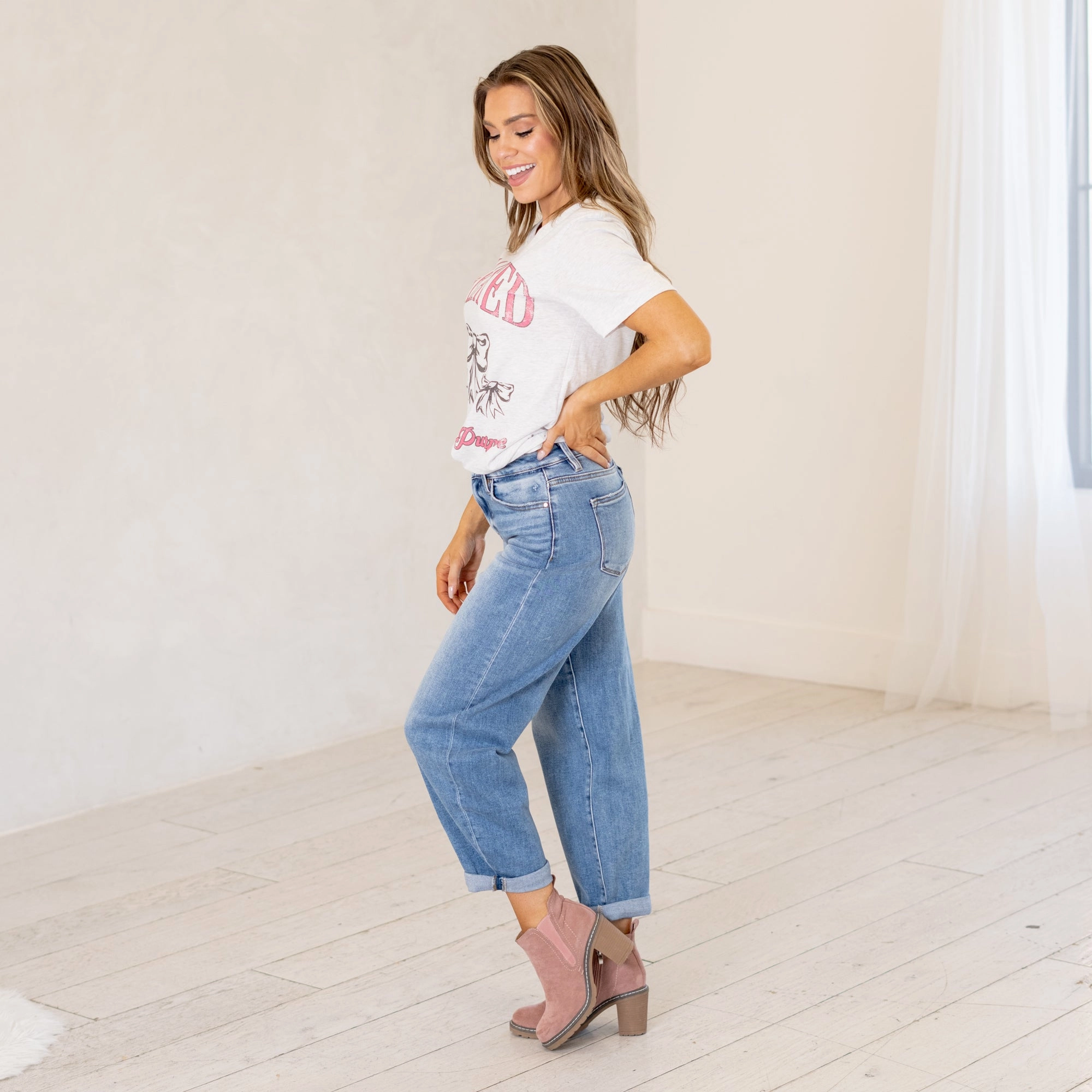 Risen Kiara High Rise Cropped Barrel Fit Jeans Medium Blue Wash Relaxed Fit Design Day Ready