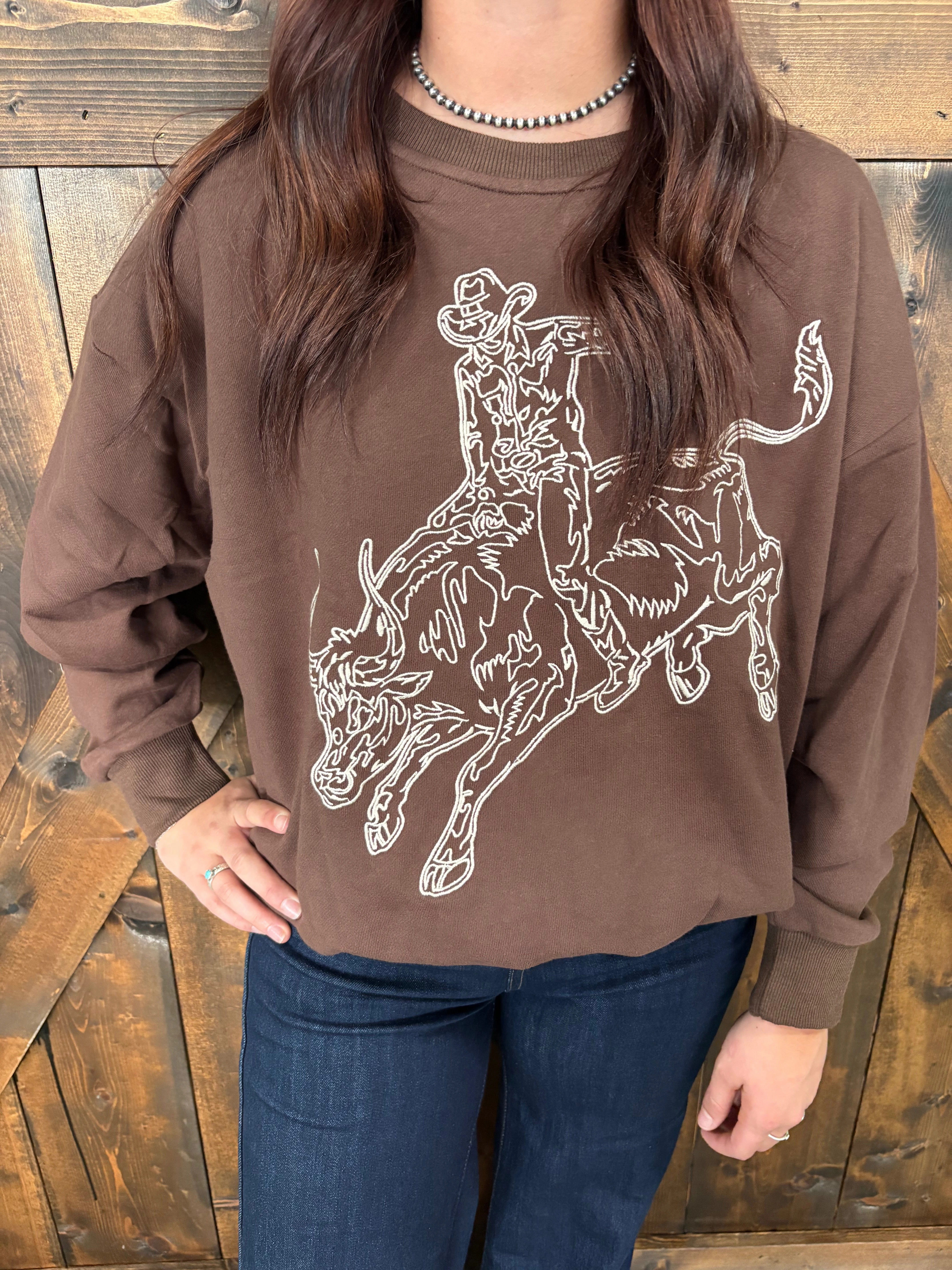 OEKOTEX Certified Fabric HighStretchElastic Dark Brown Embroidered Bull Riding Western Motif Sweatshirt