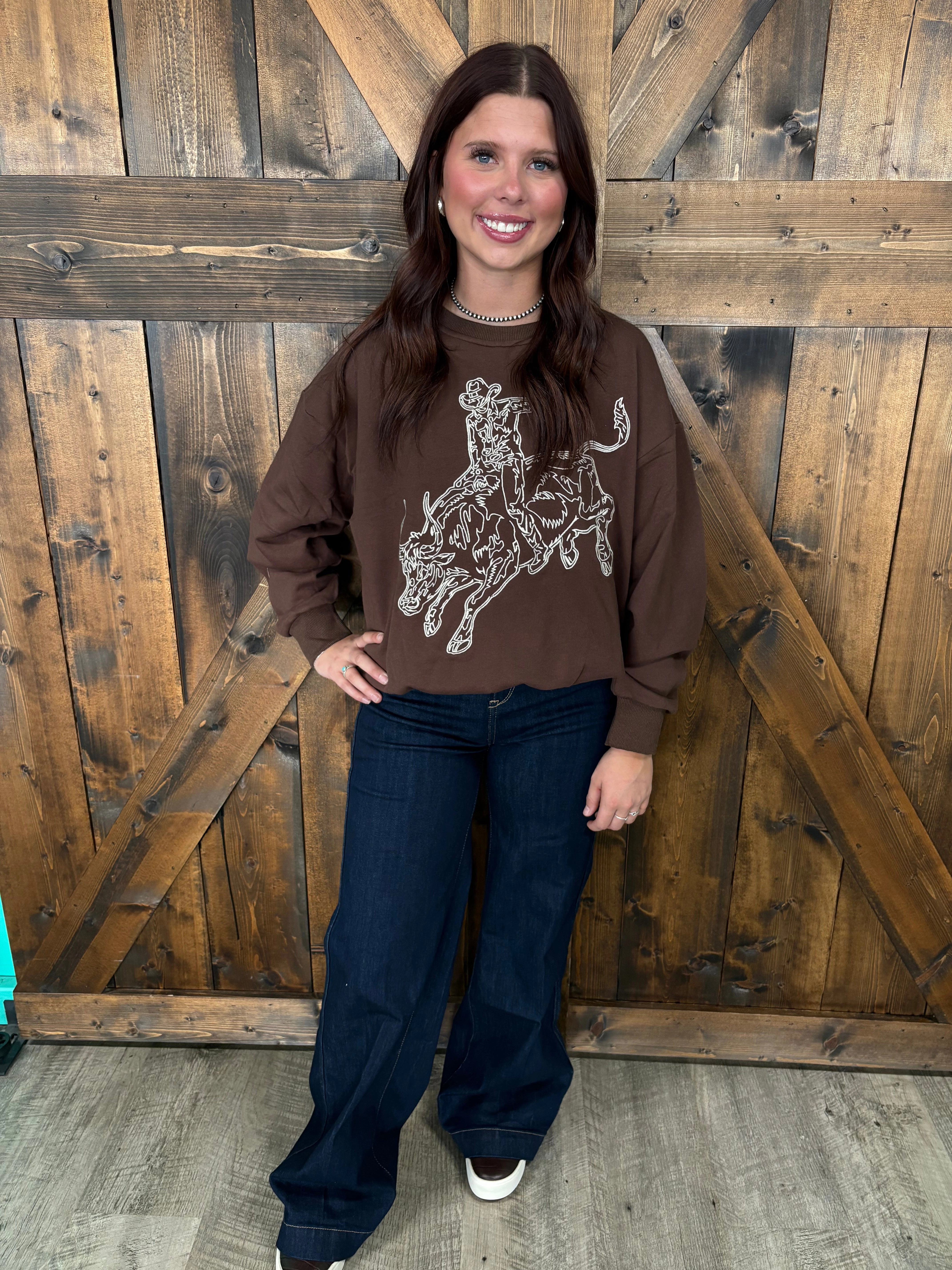 Dark Brown Embroidered Bull Riding Western Motif Sweatshirt Versatile Layering Cut