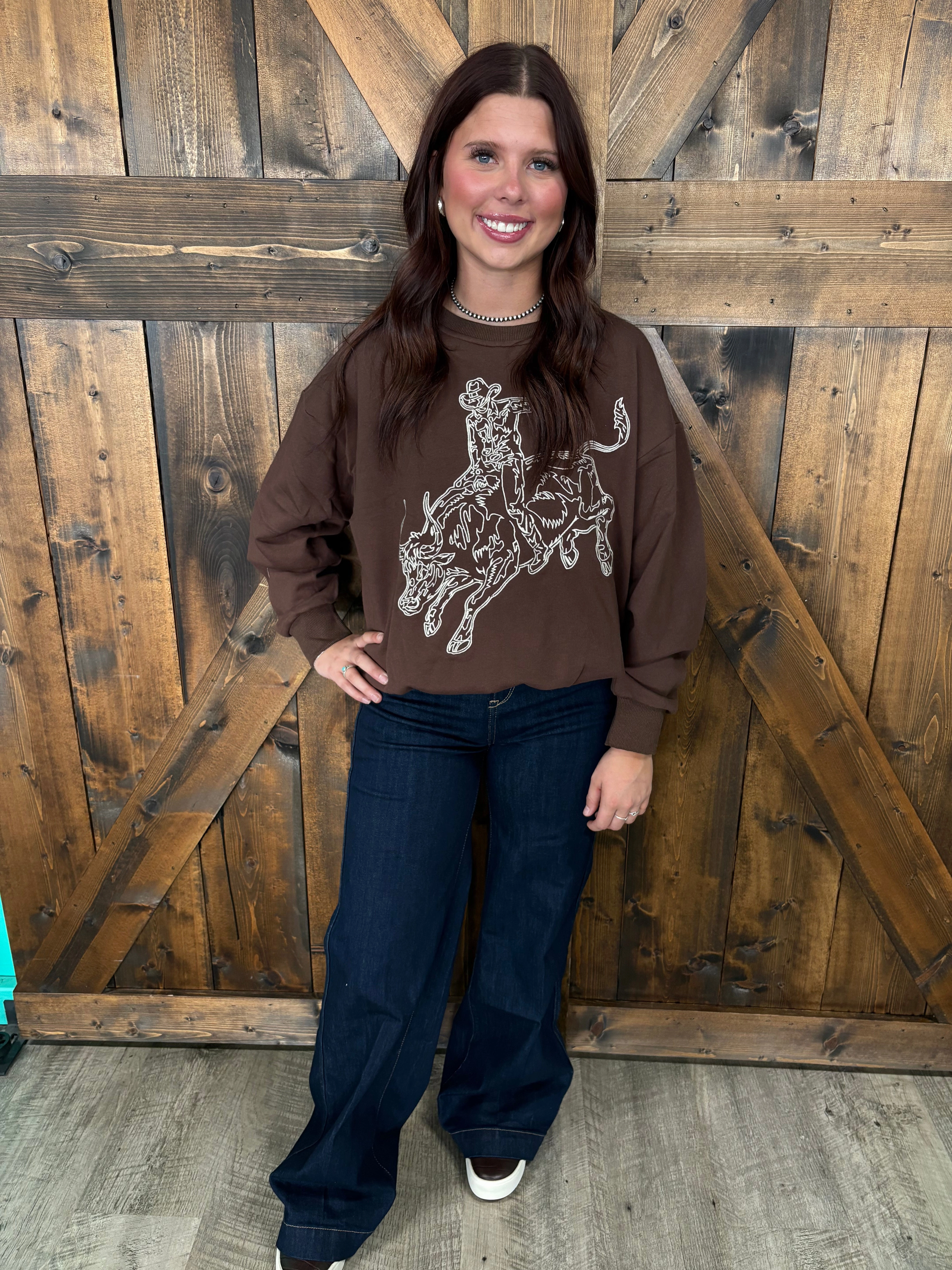 Dark Brown Embroidered Bull Riding Western Motif Sweatshirt Unlined Design AntiStaticTreatment
