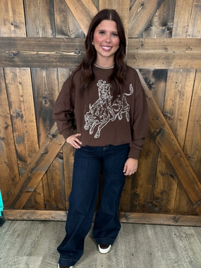 Dark Brown Embroidered Bull Riding Western Motif Sweatshirt Unlined Design AntiStaticTreatment