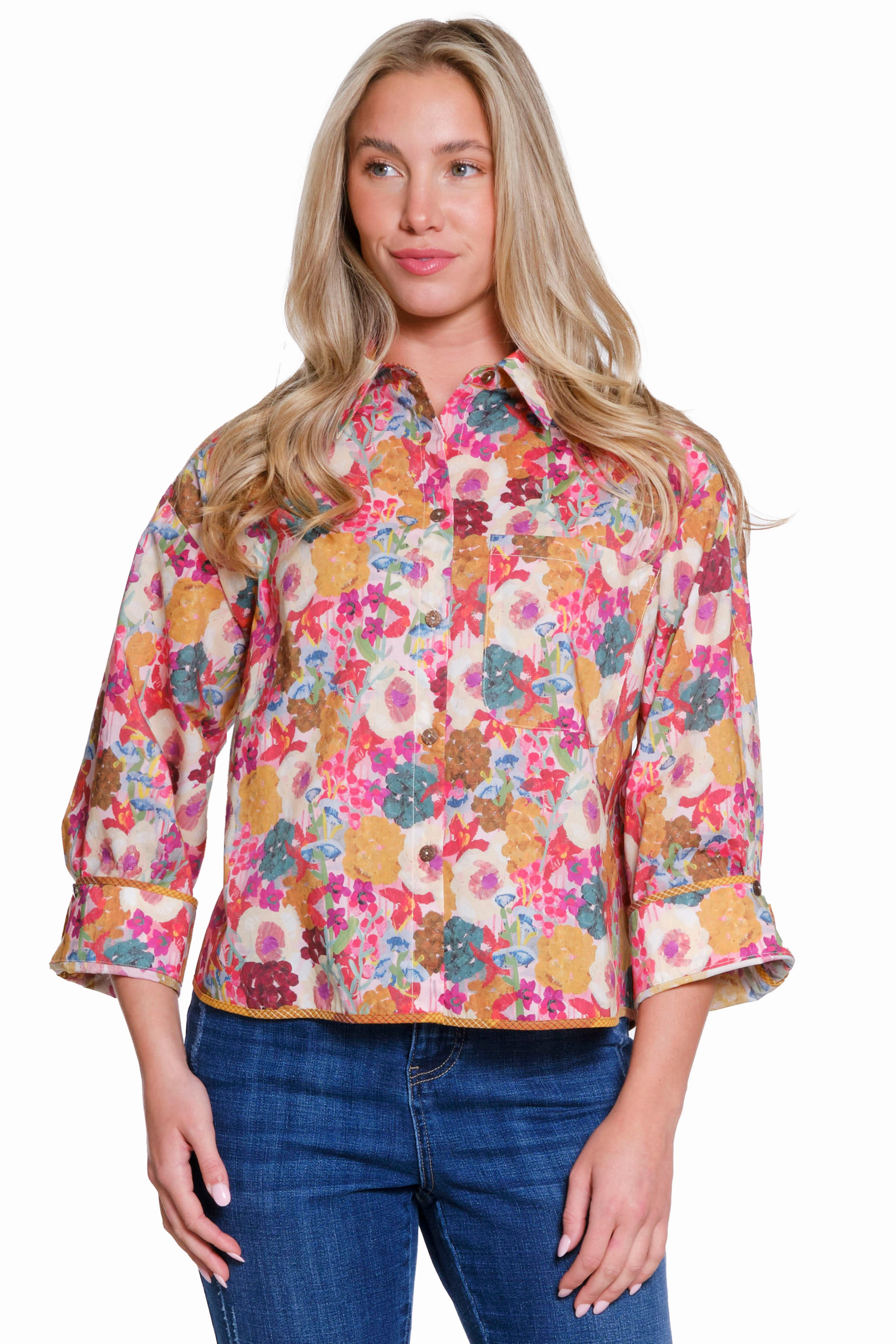 Tapered Side Panels Boxy Floral Print Button-Up Shirt - Multi