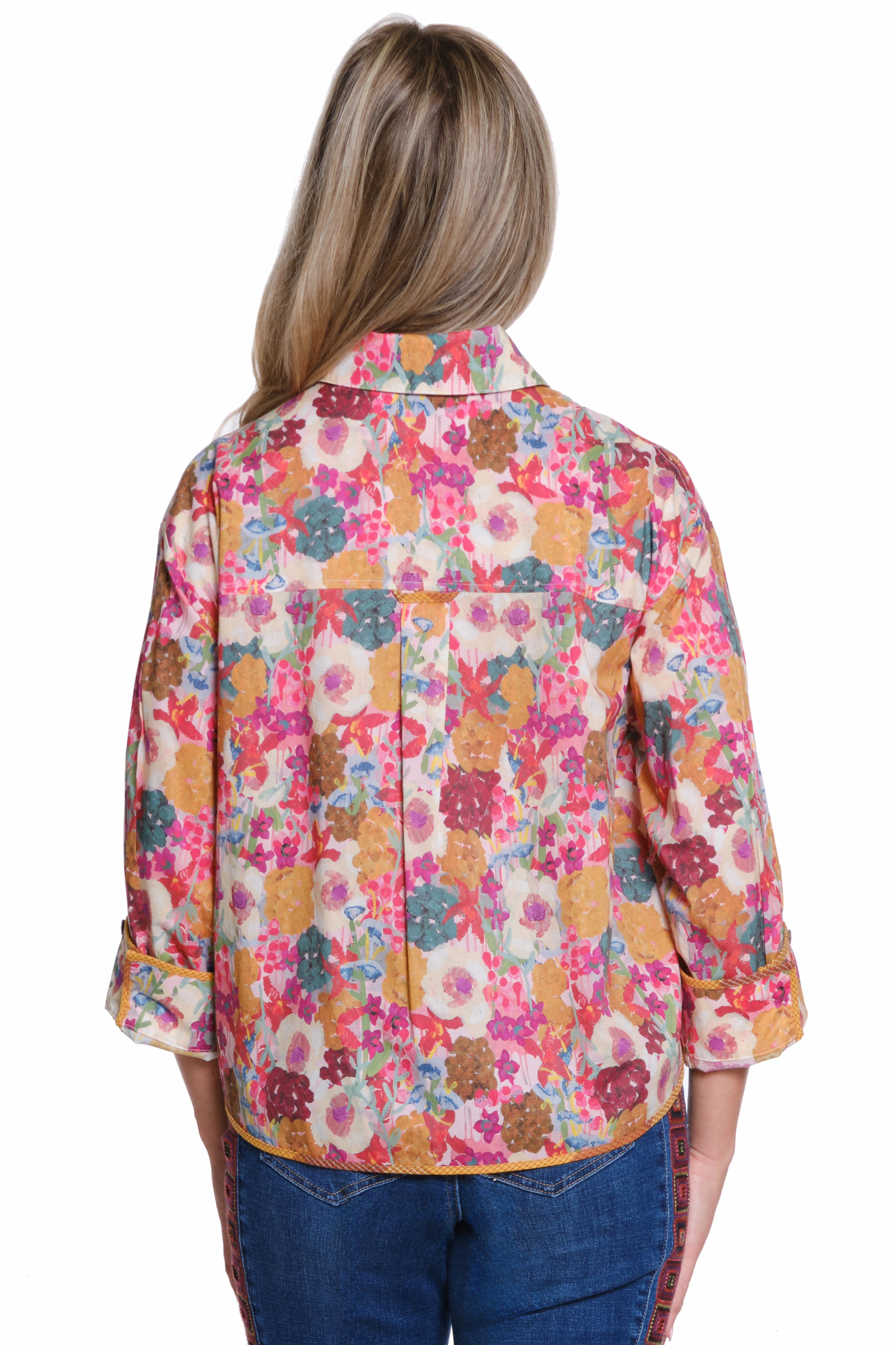 RibbedCollar Boxy Floral Print Button-Up Shirt - Multi