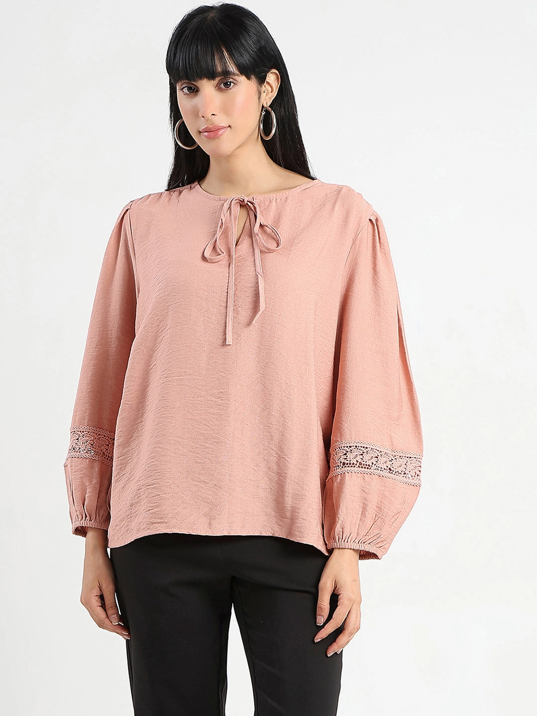 HighStrength Threadwork Madame Tie Neck Blush Pink Rayon Blend Top