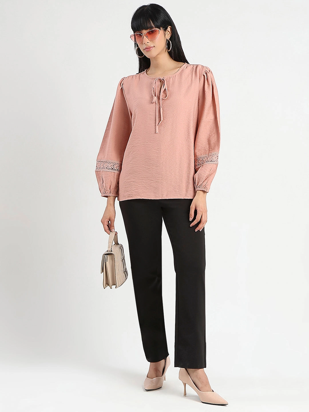 AntiPilling Technology Madame Tie Neck Blush Pink Rayon Blend Top