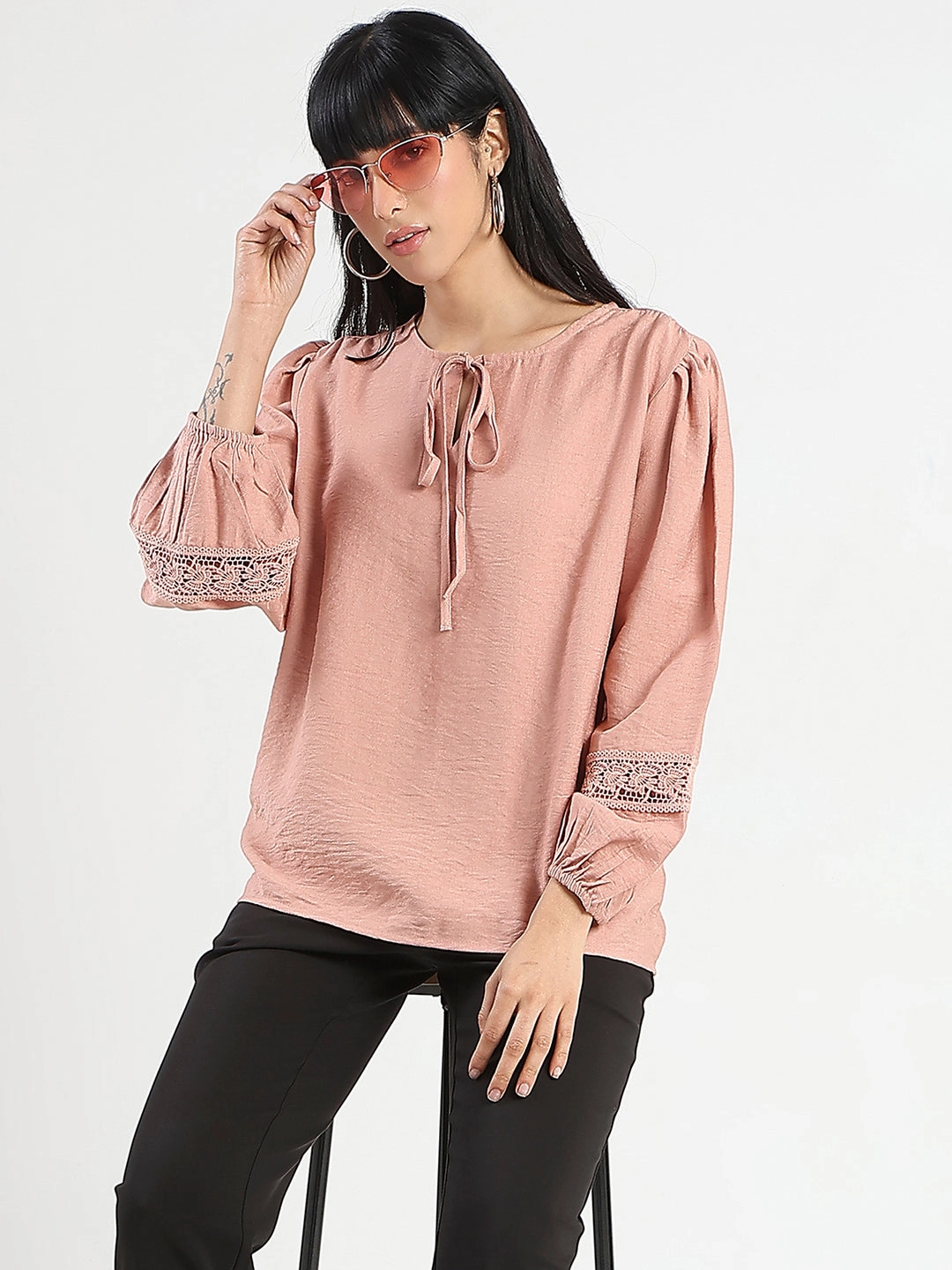 Stylish Look Madame Tie Neck Blush Pink Rayon Blend Top