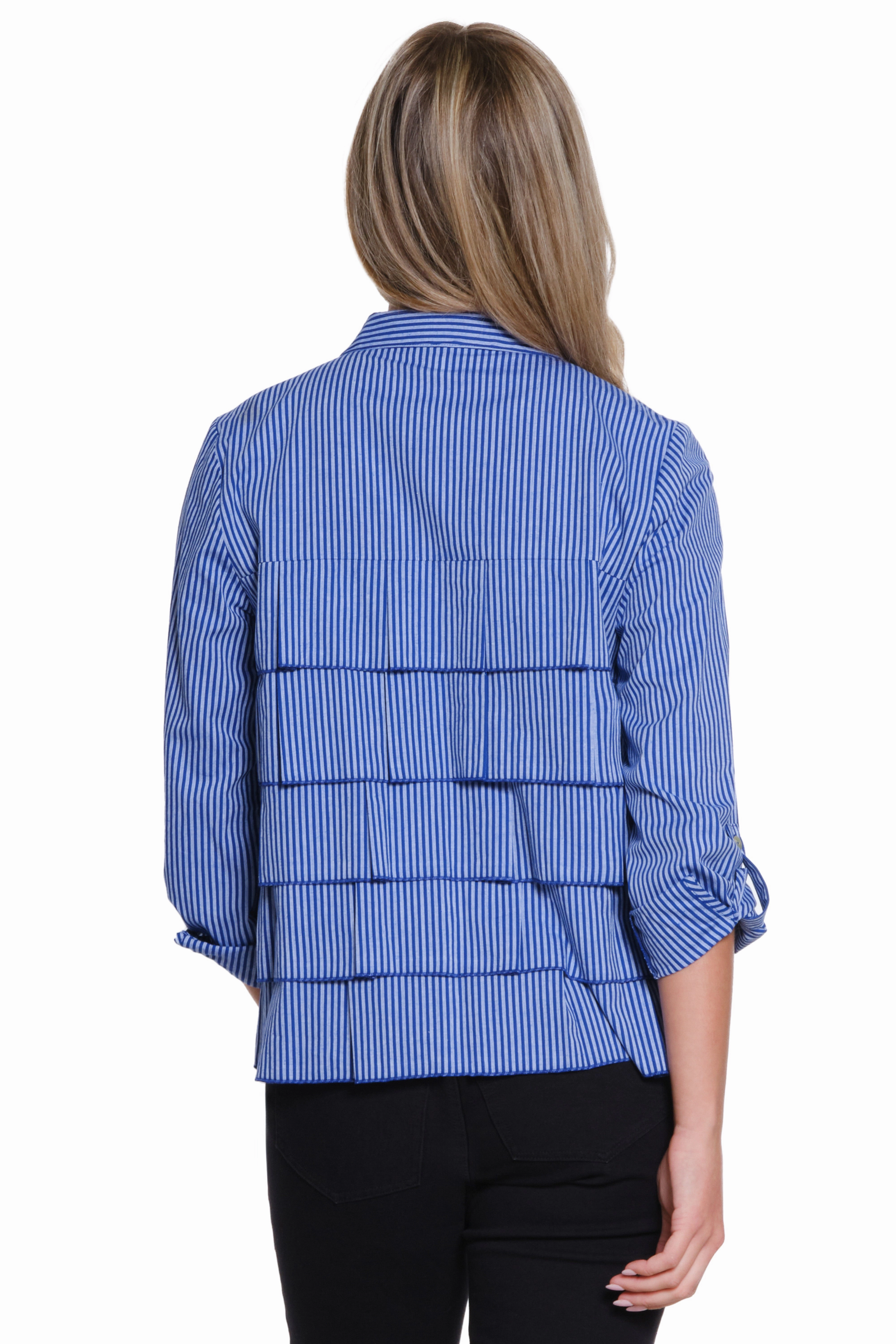 Striped Tiered Ruffle Shirt - Cobalt RibbedCollar Minimalist Collar