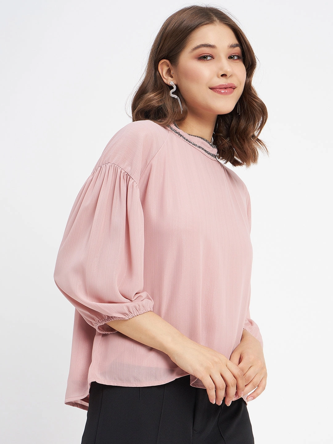 Madame Embellished Neckline Turtle Neck Solid Pink Top Grid Back Panel
