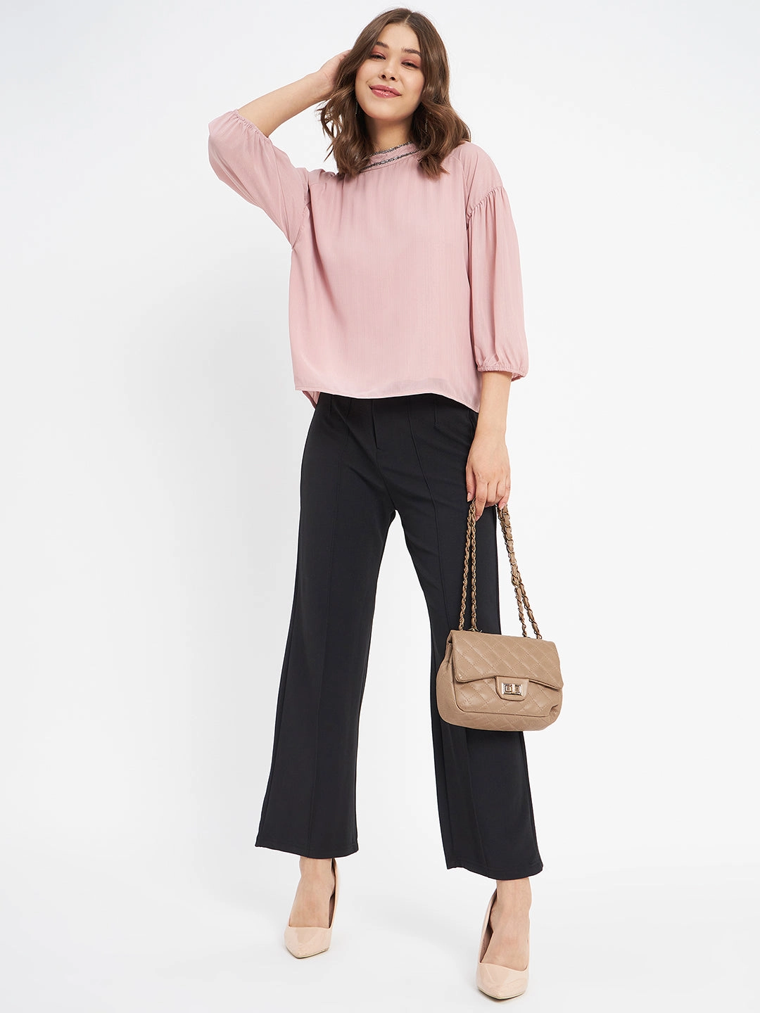 Madame Embellished Neckline Turtle Neck Solid Pink Top Oversized Collar