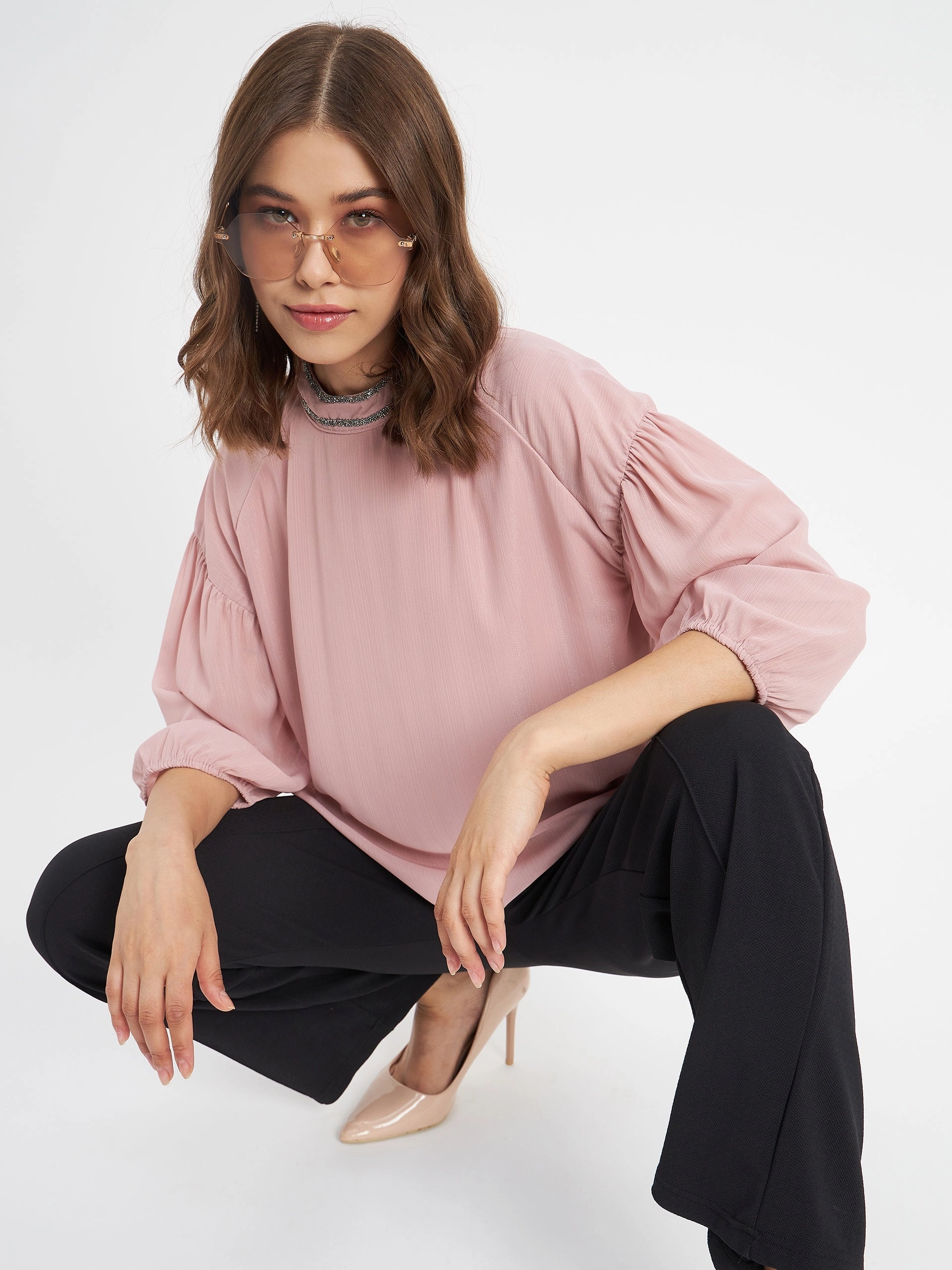 Madame Embellished Neckline Turtle Neck Solid Pink Top SoftInteriorLining