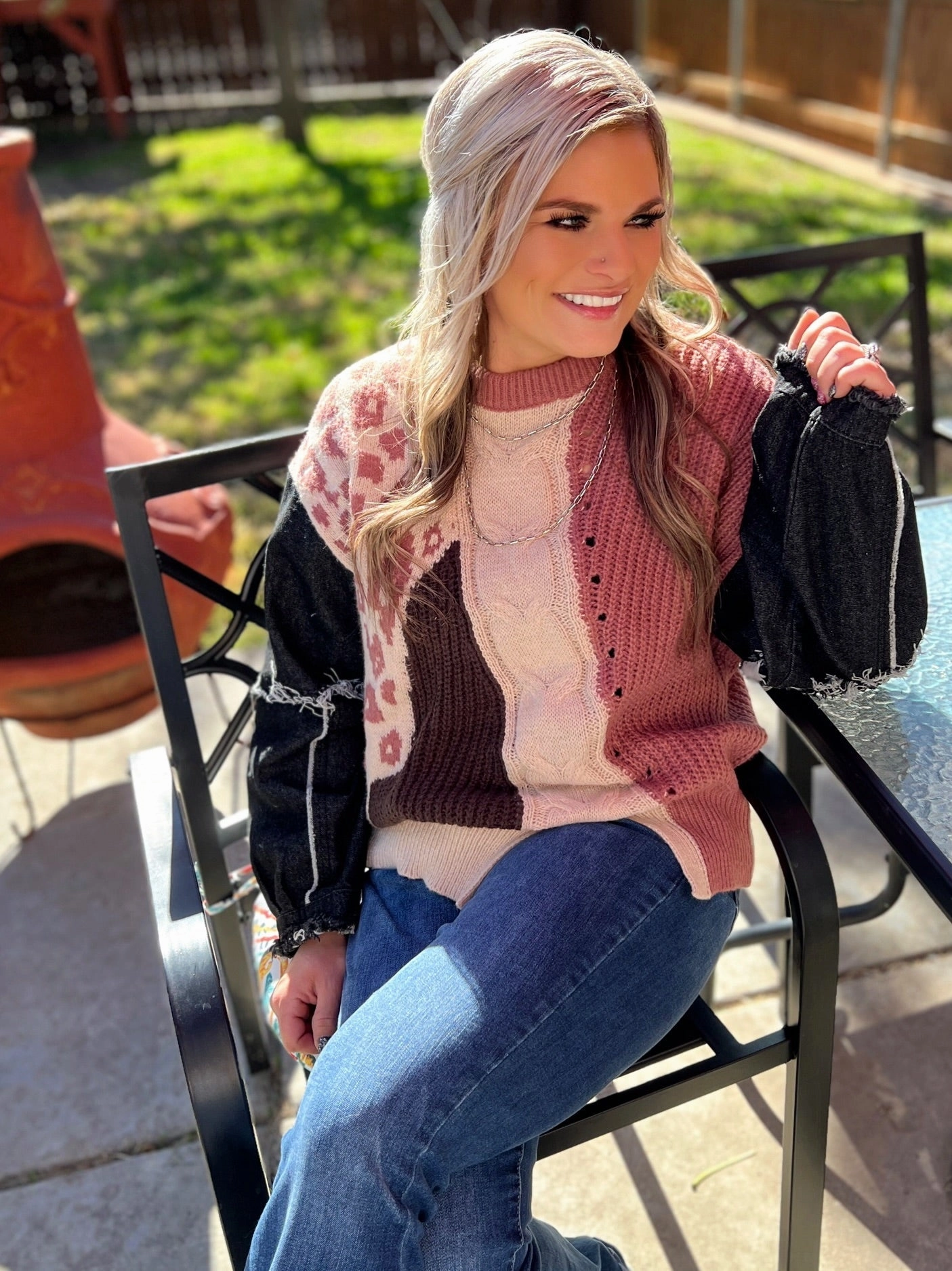 NonRestrictive Knitted Mixed Pattern Denim Sleeve Sweater*