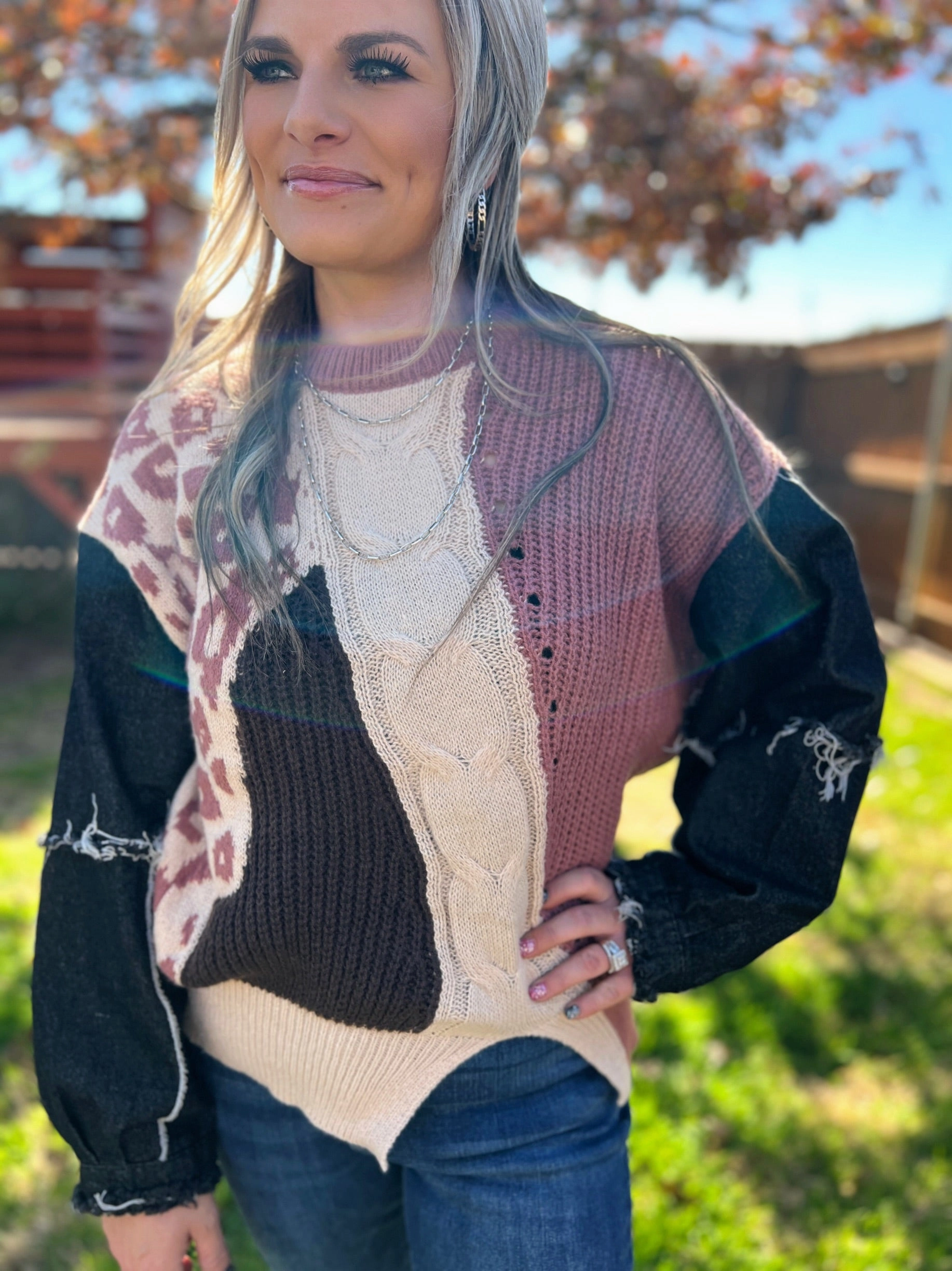 MoistureControl Knitted Mixed Pattern Denim Sleeve Sweater*