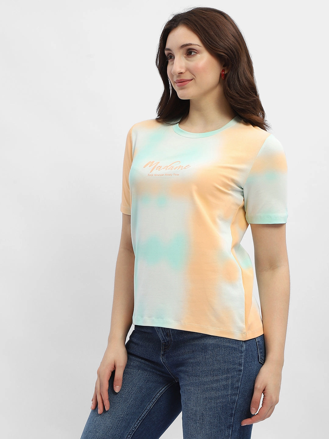 Madame Tie-Dye Orange Cotton T-Shirt Bonded Seam Tape Non Restrictive Collar