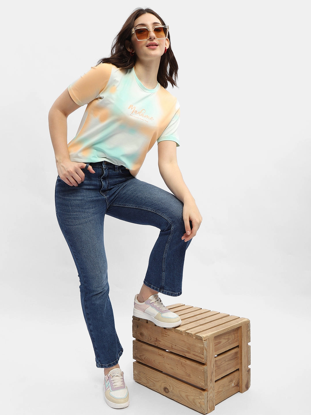 Madame Tie-Dye Orange Cotton T-Shirt Layered Neckline Details SeamFree Knitting