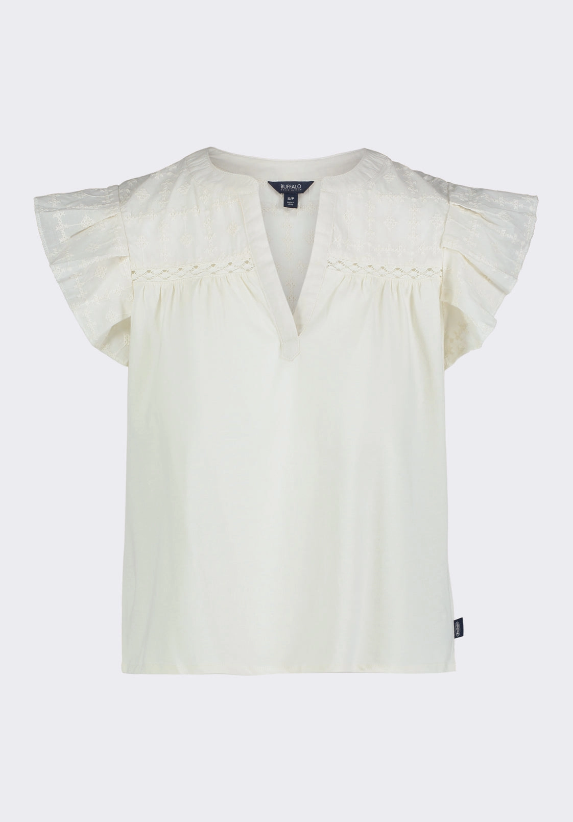 Mckaylie Women's Split Neck Flutter Sleeve Top with Embroidered Lace Details, Parchment - KT0210P FeatherlightConstruction Non Chafe Armholes
