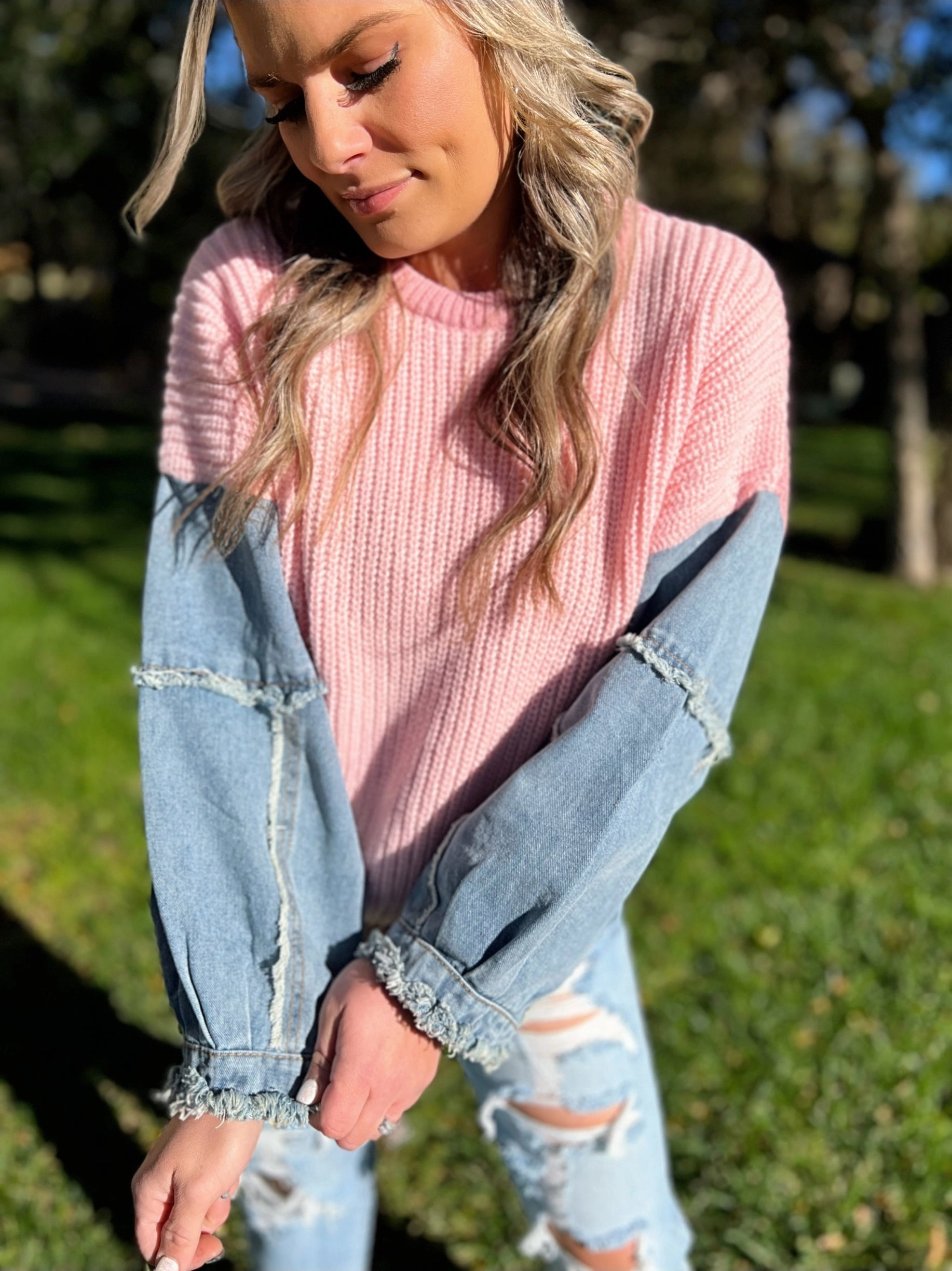 GarmentWashed Texture Flexible Hemline Frayed Denim Sleeve Sweater Top - 4 Color Options*