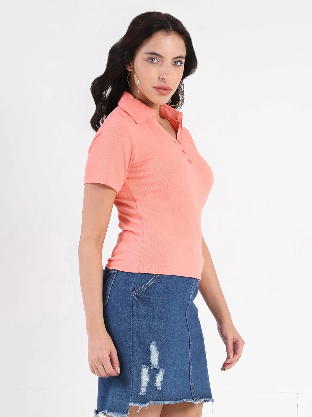 Madame  Solid Carrot Polo Pique T-shirt Weighted Hem