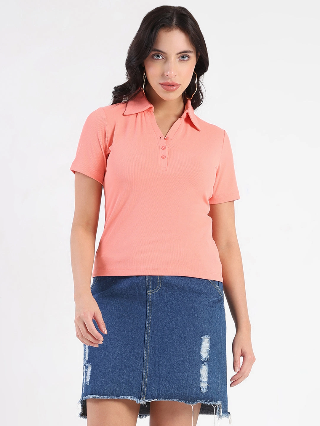 Stretch Fit Top Madame  Solid Carrot Polo Pique T-shirt