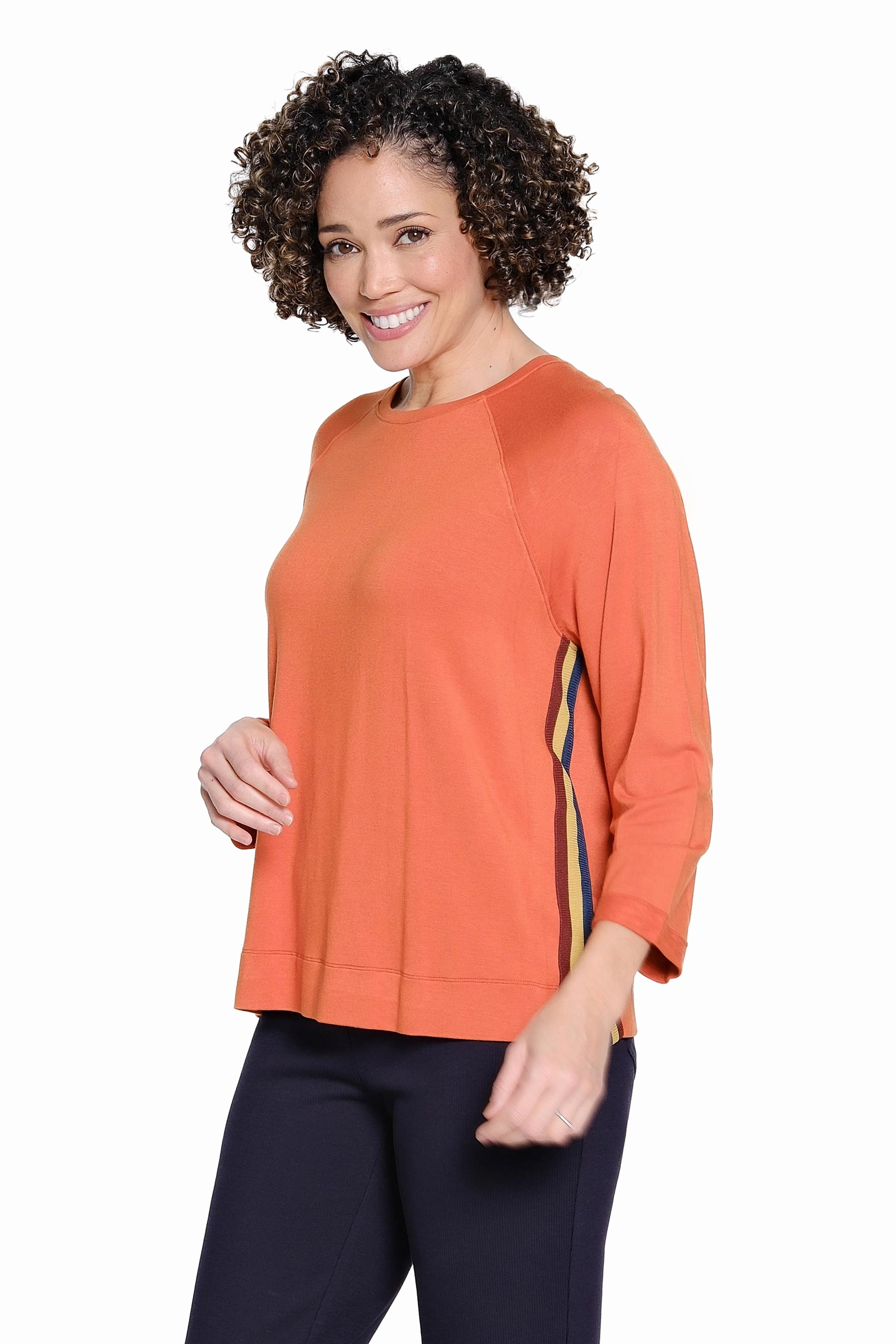 Double Faced Jersey Knit Stripe Trim Raglan Sleeve Top - Rust