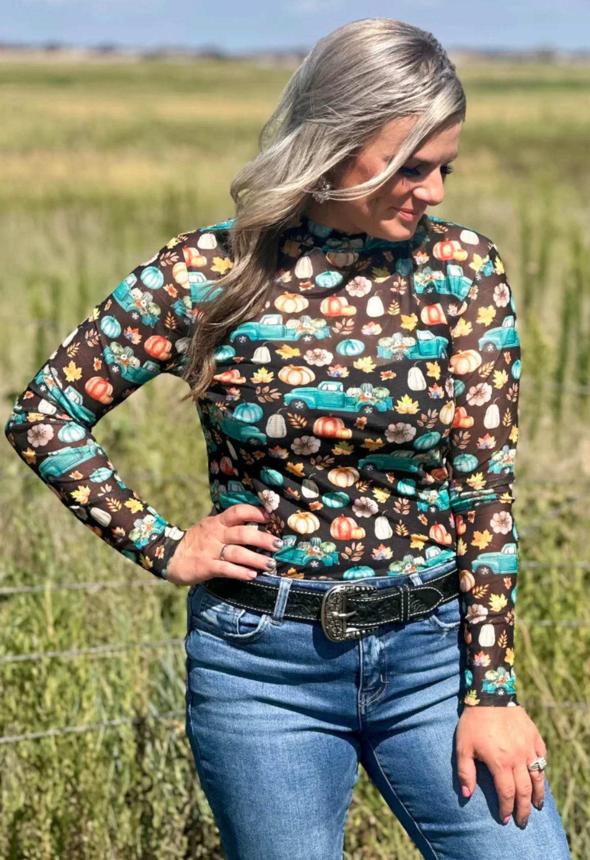 Breathable Tank Convertible Neckline Sterling Kreek Take Me To The Pumpkin Patch Mesh Top