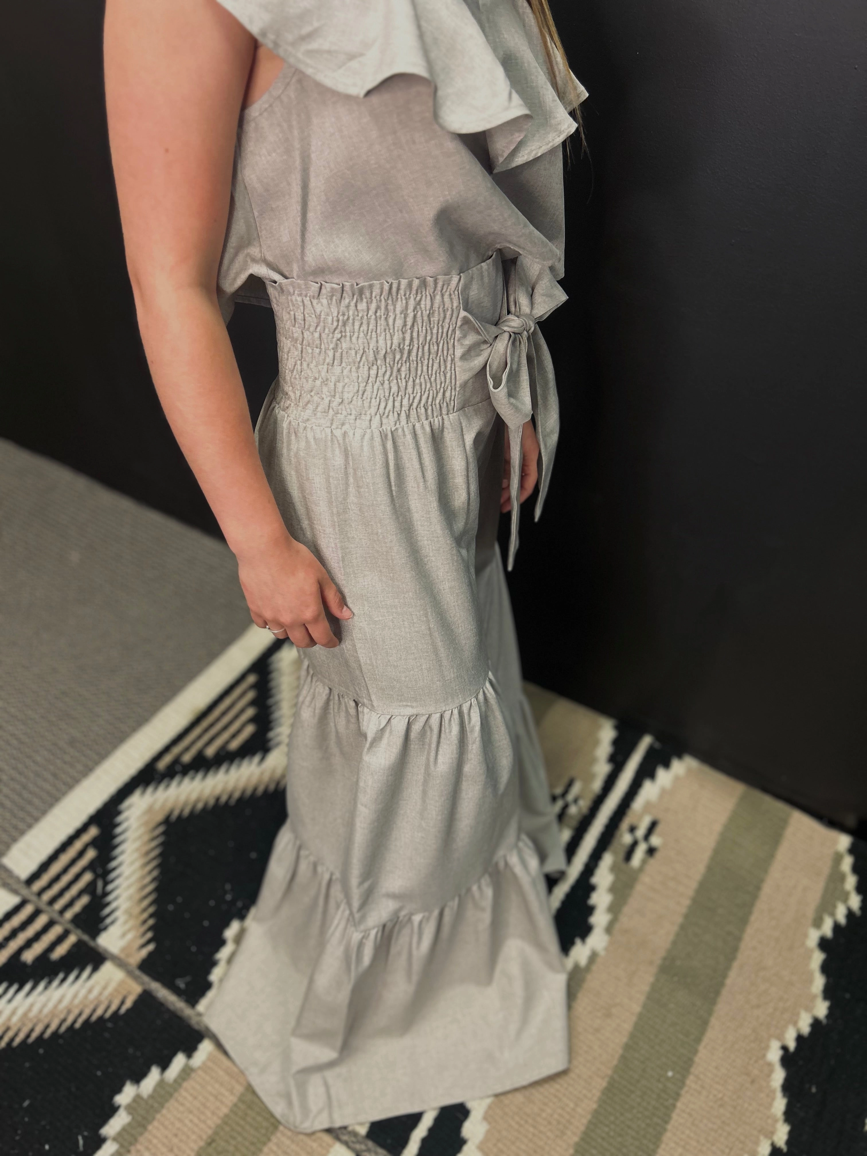 Oatmeal Smocking Waist  & Ruffled Crop Trop Set WrinkleResistant Cloth