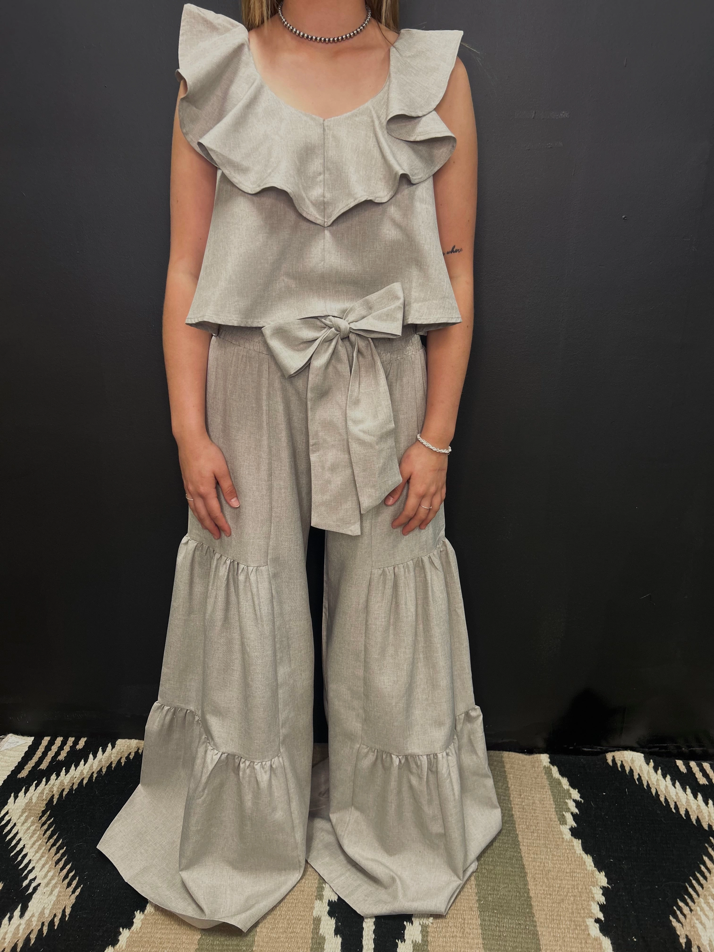 Flexible Knit Fabric Oatmeal Smocking Waist  & Ruffled Crop Trop Set