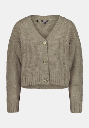 Layered Knit Style Cozy and Versatile Odilia Women's Embellished Knit Button-Up Cardigan, Dk Green - SW0163