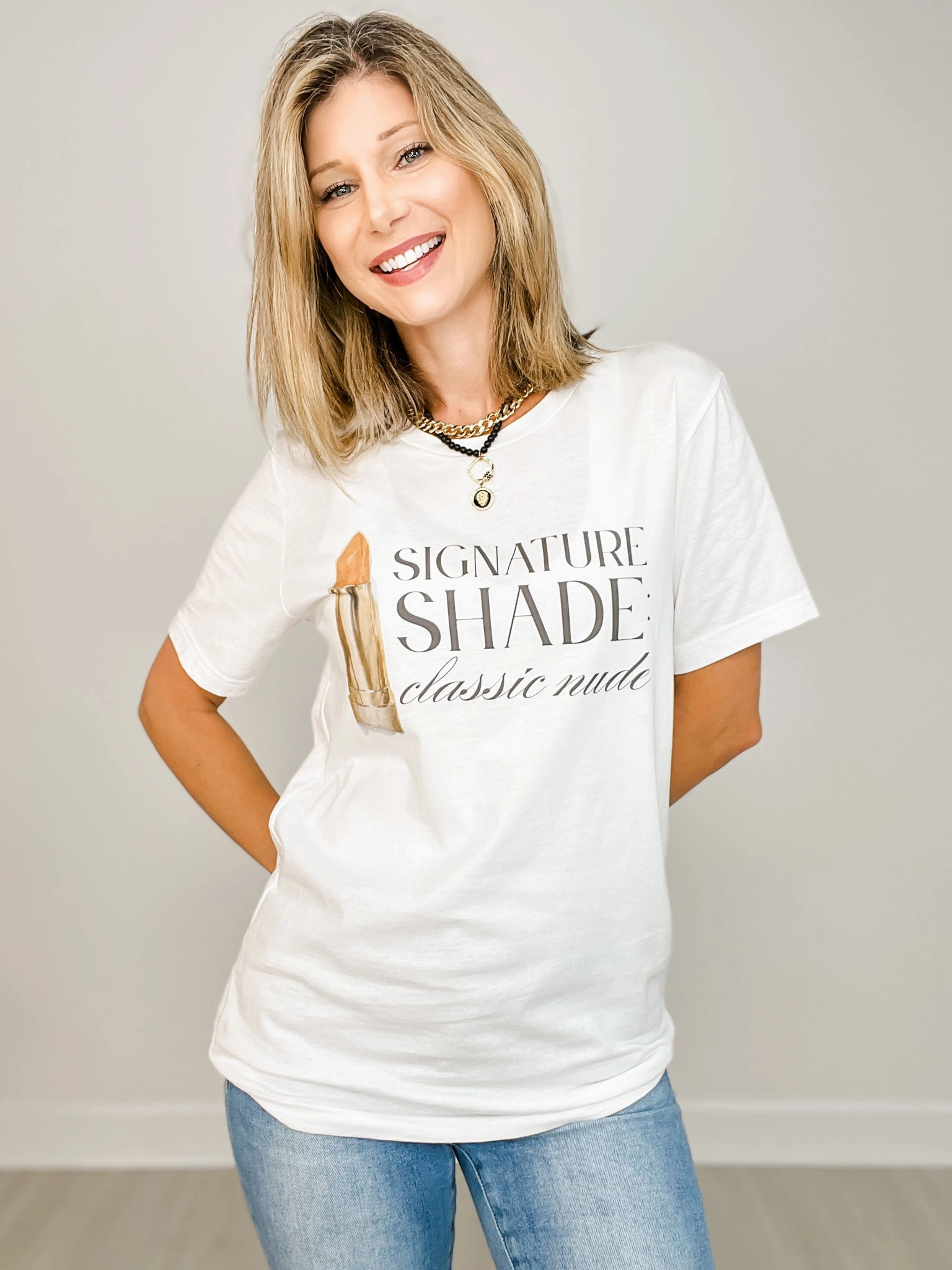 OdorResistant Fabric Layered Collar Structure Signature Shades: Classic Nude Lipstick Graphic Tee