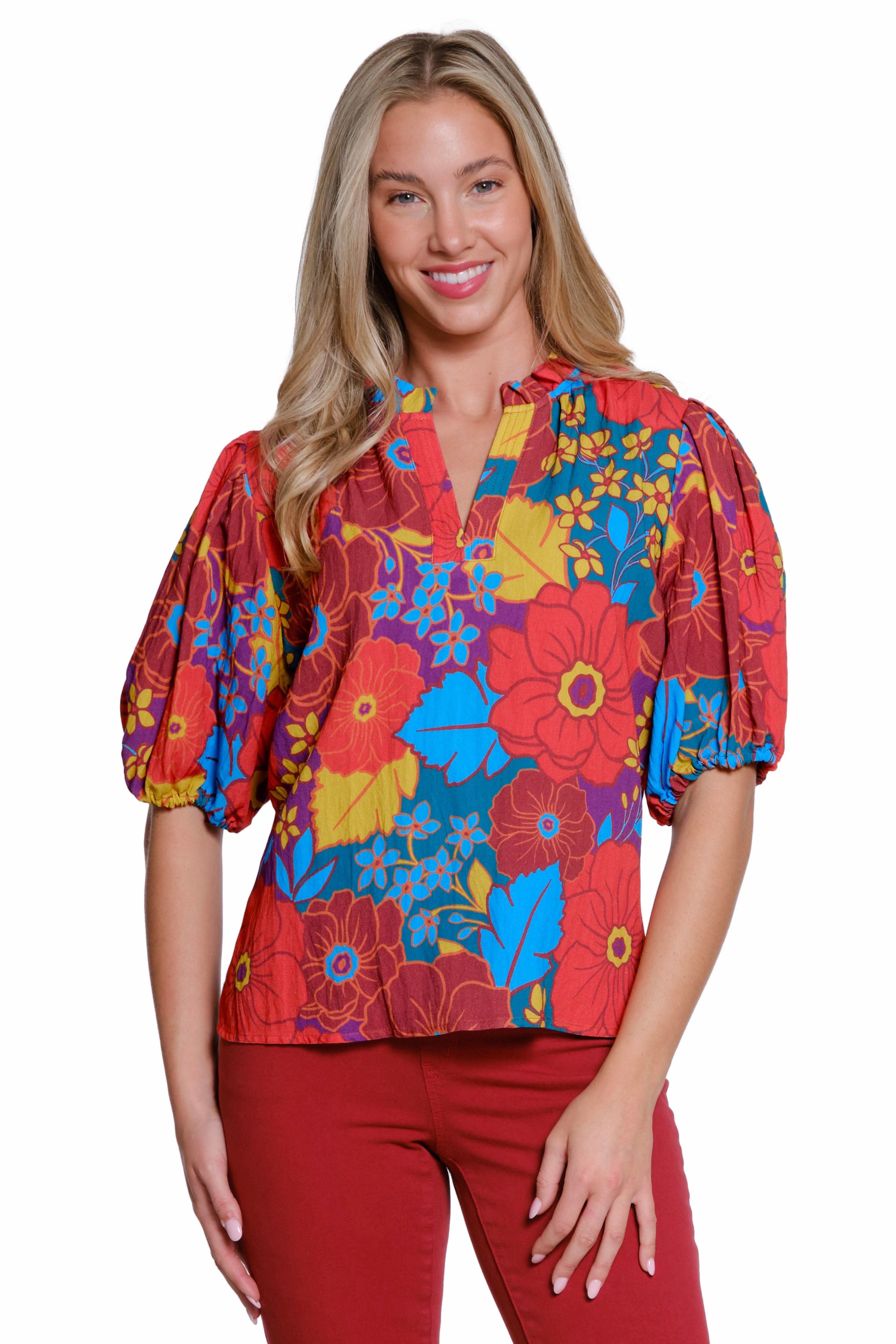 Floral Print Split Neck Top - Multi AbrasionResistant Fabric Button Down Collar Style
