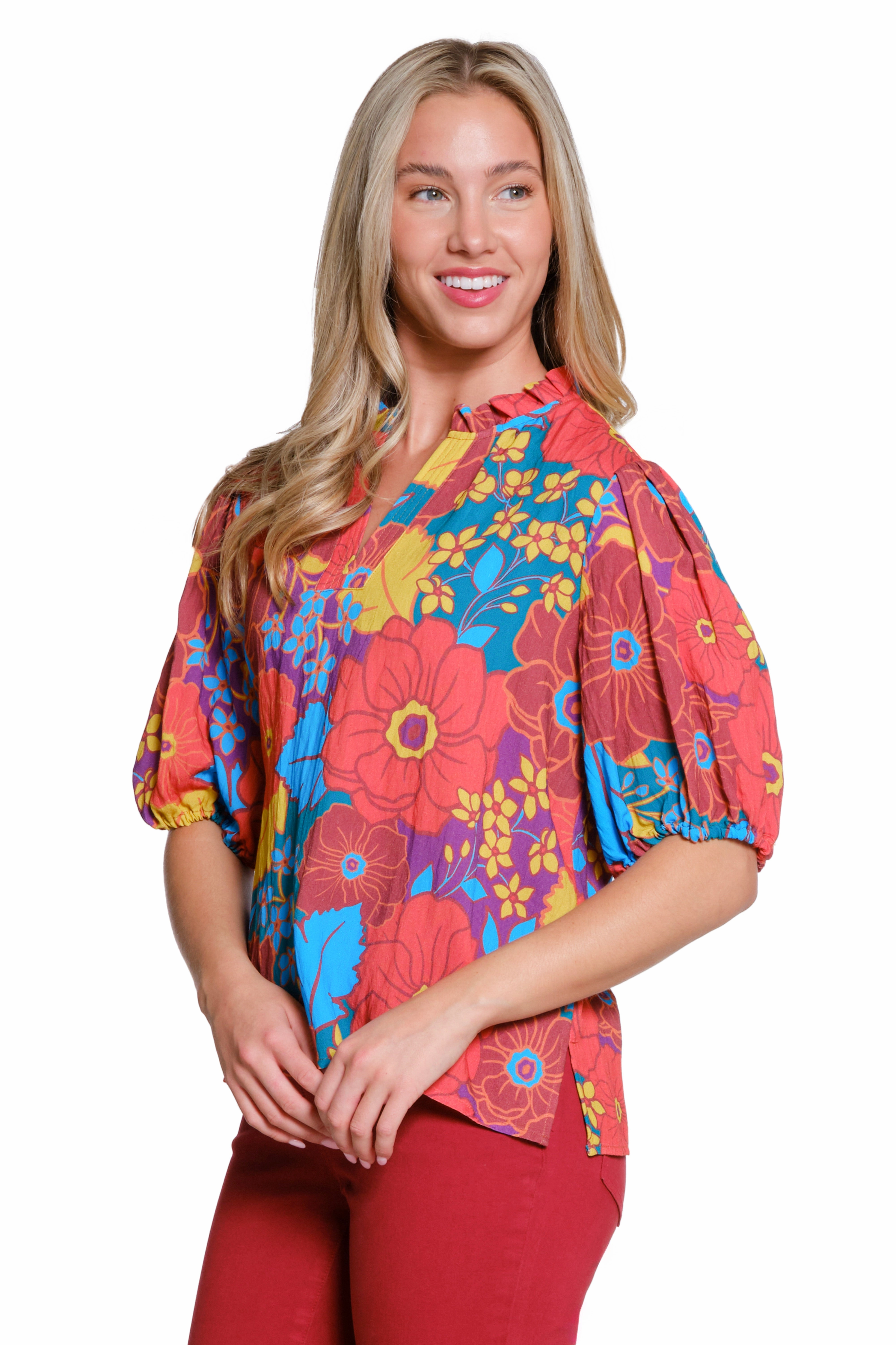 Reverseble Design AntiOdorTreatment Floral Print Split Neck Top - Multi