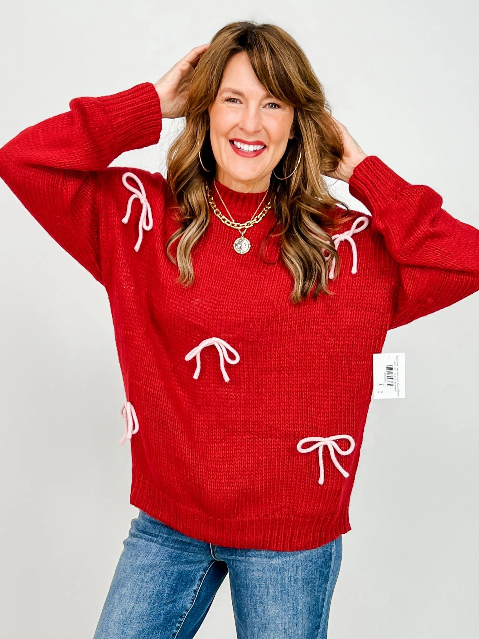 Bow Detail Crew Neck Long Sleeve Sweater Casual Comfort Sport Fit