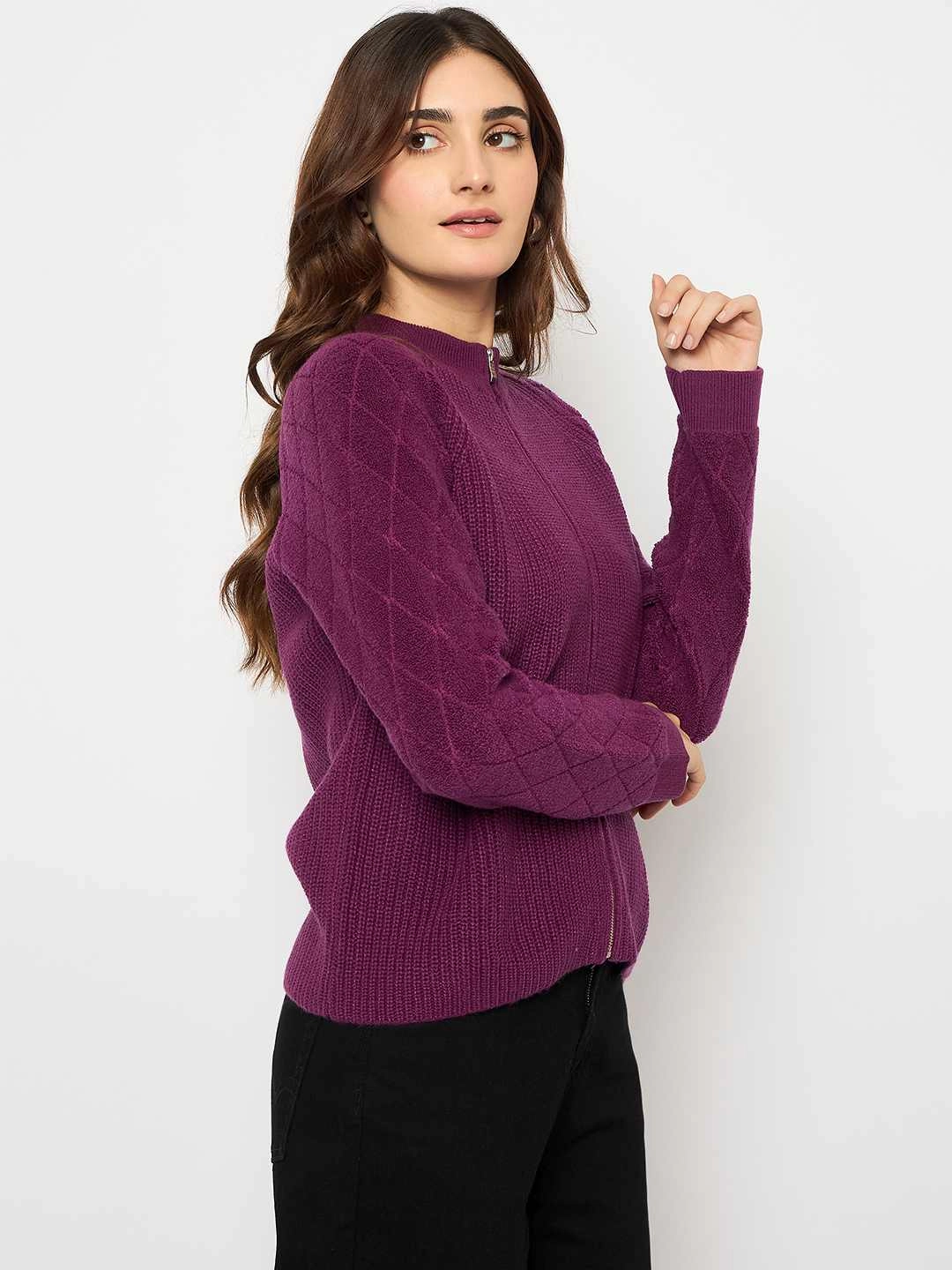 Madame Self Design Zipped Purple Sweater Light Fit Design Comfy Vibes