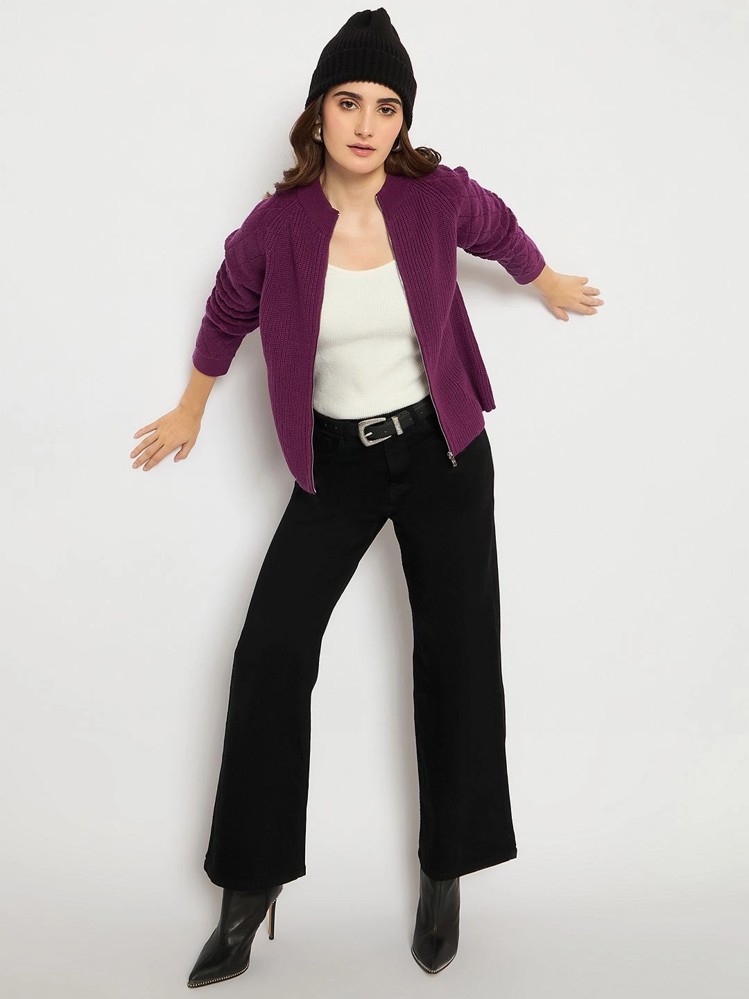 Madame Self Design Zipped Purple Sweater Comfy Waistband Relaxed Look