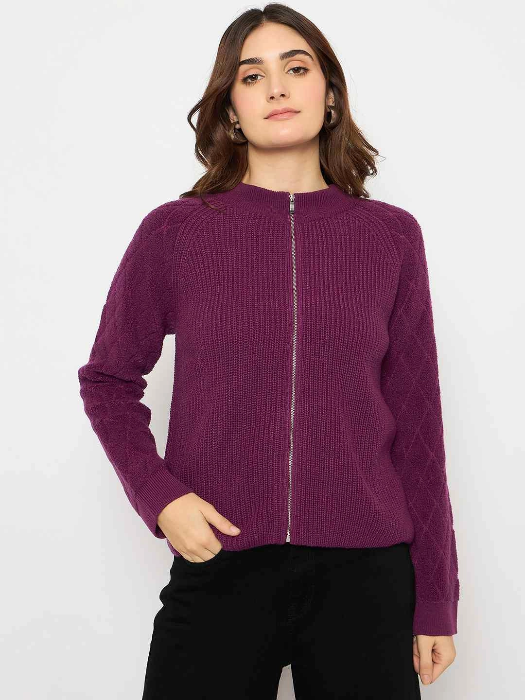 Madame Self Design Zipped Purple Sweater Casual Wear Fit Lightweight insulation