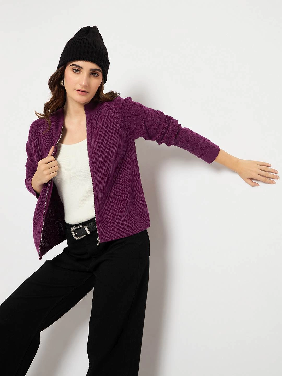 Ultimate Warmth Madame Self Design Zipped Purple Sweater