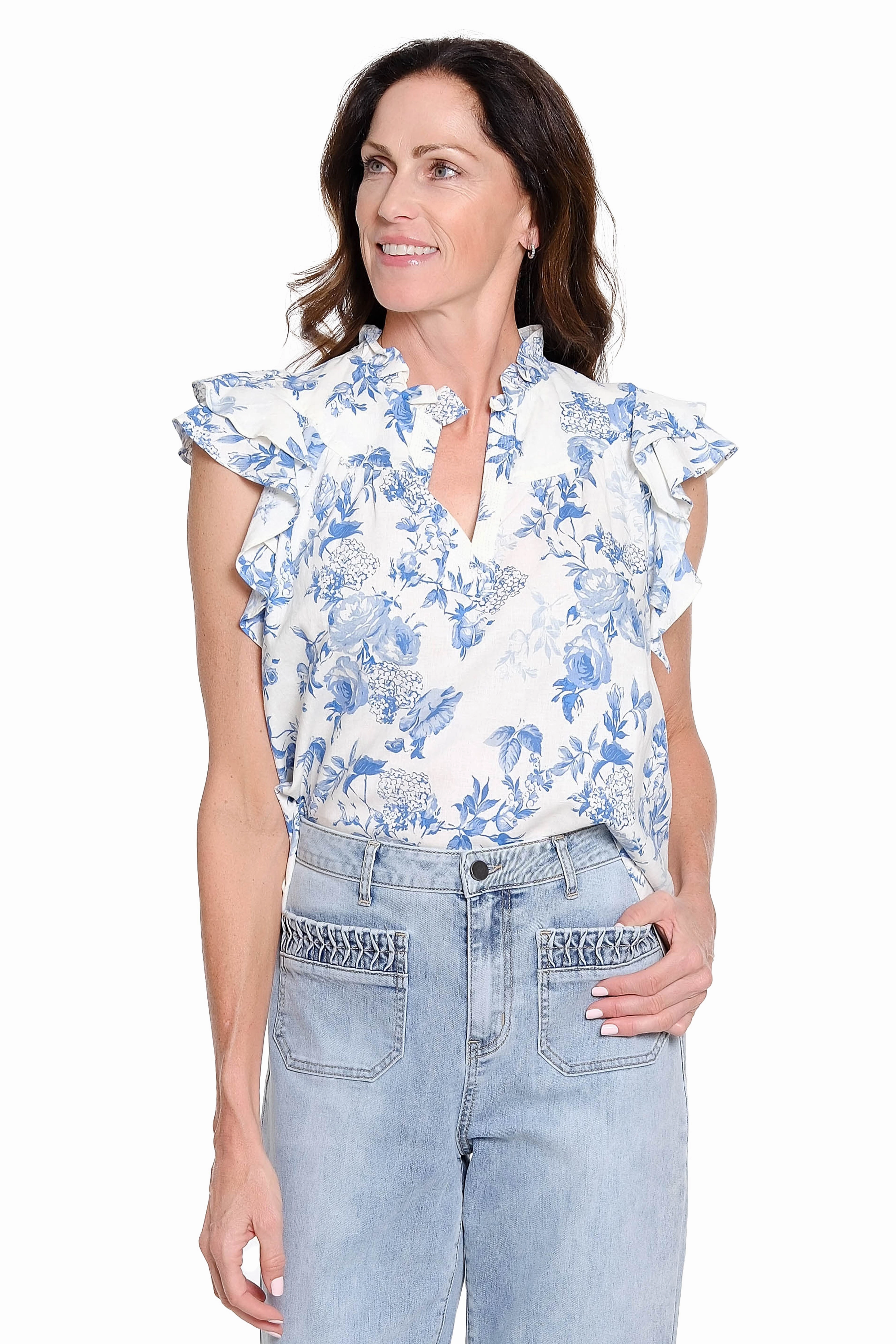 Flutter Sleeve Print Blouse - Blue Ultra Soft Handfeel