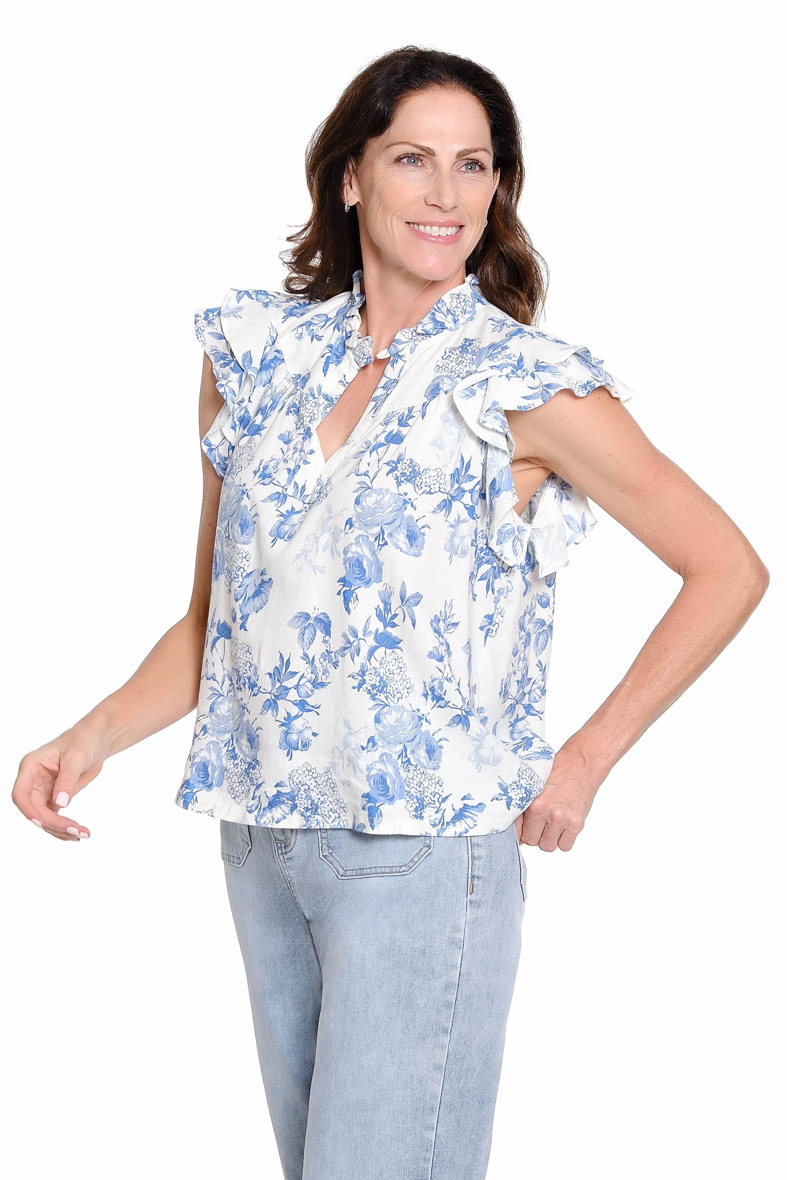 Flutter Sleeve Print Blouse - Blue Anti Static Treatment Recycled Polyester Fabric
