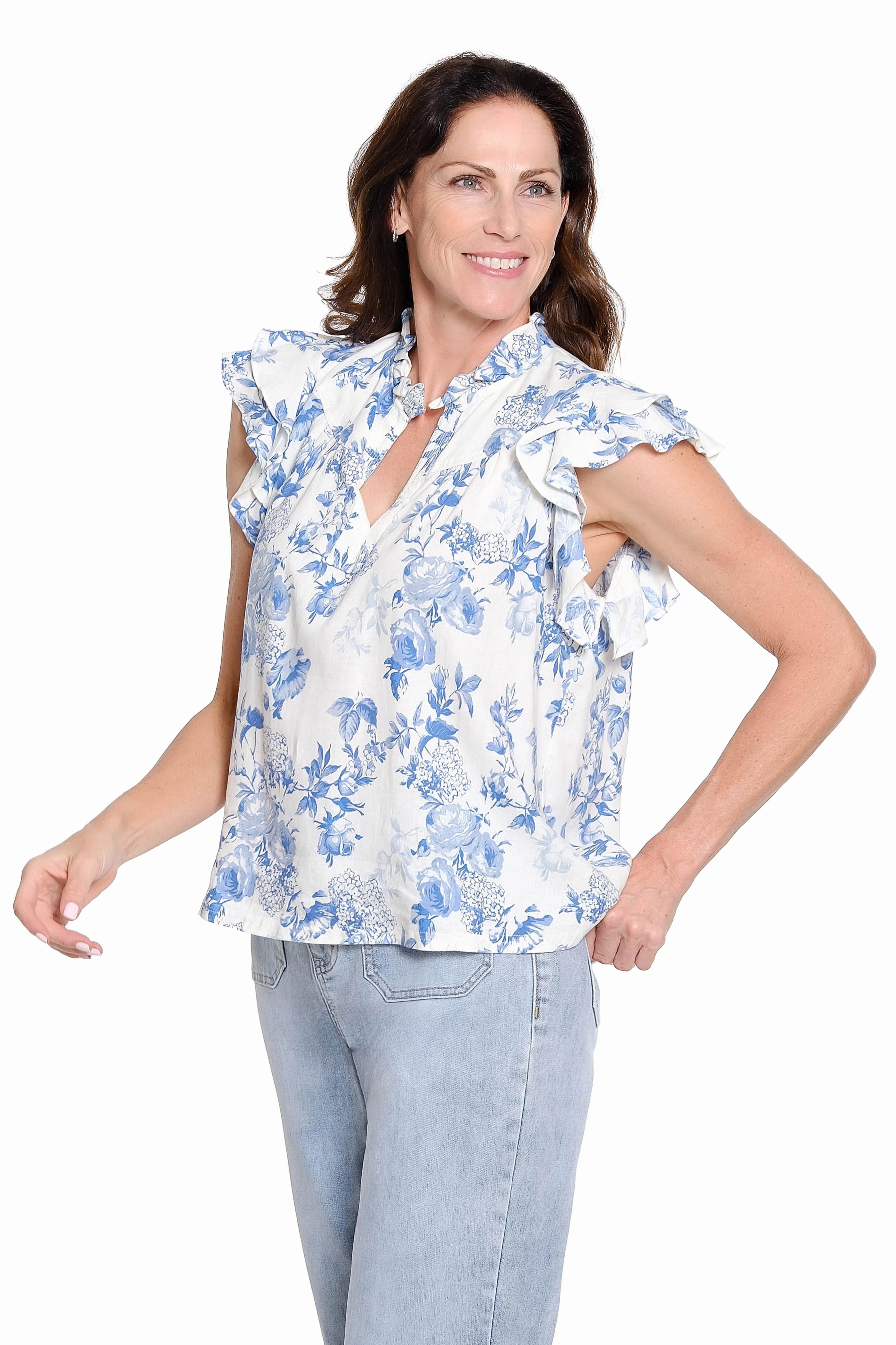Flutter Sleeve Print Blouse - Blue Stretchable Material