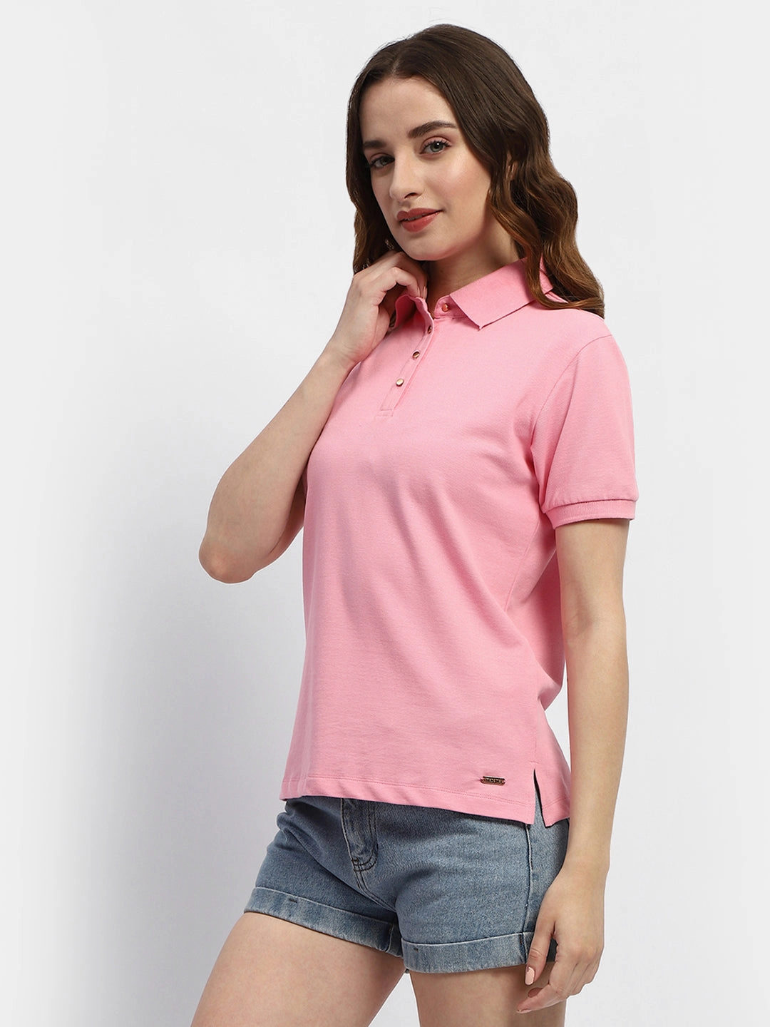 Madame Solid Pink Polo Neck T-Shirt DoubleNeedle Stitching