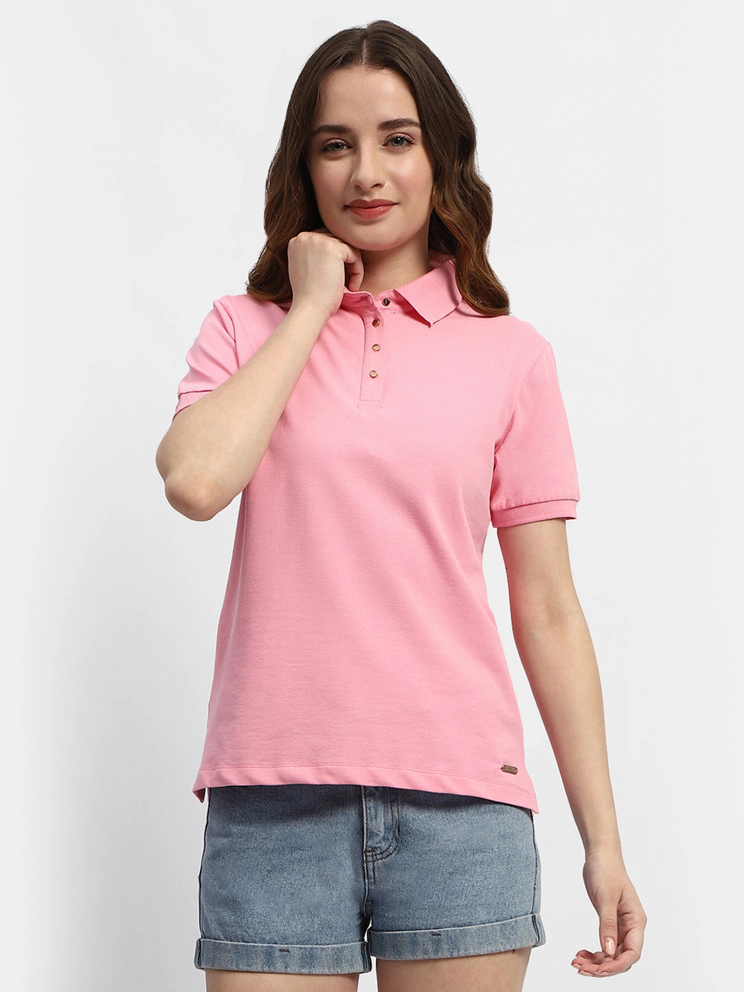 SeamFreeShoulder UVProtective Coating Madame Solid Pink Polo Neck T-Shirt