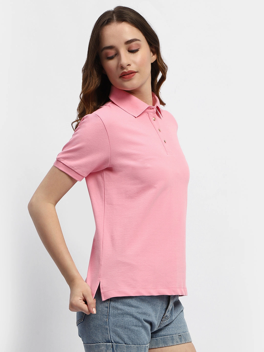 Hidden Pocket Design Madame Solid Pink Polo Neck T-Shirt