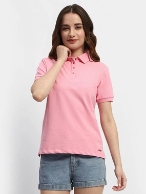 SeamFreeShoulder UVProtective Coating Madame Solid Pink Polo Neck T-Shirt