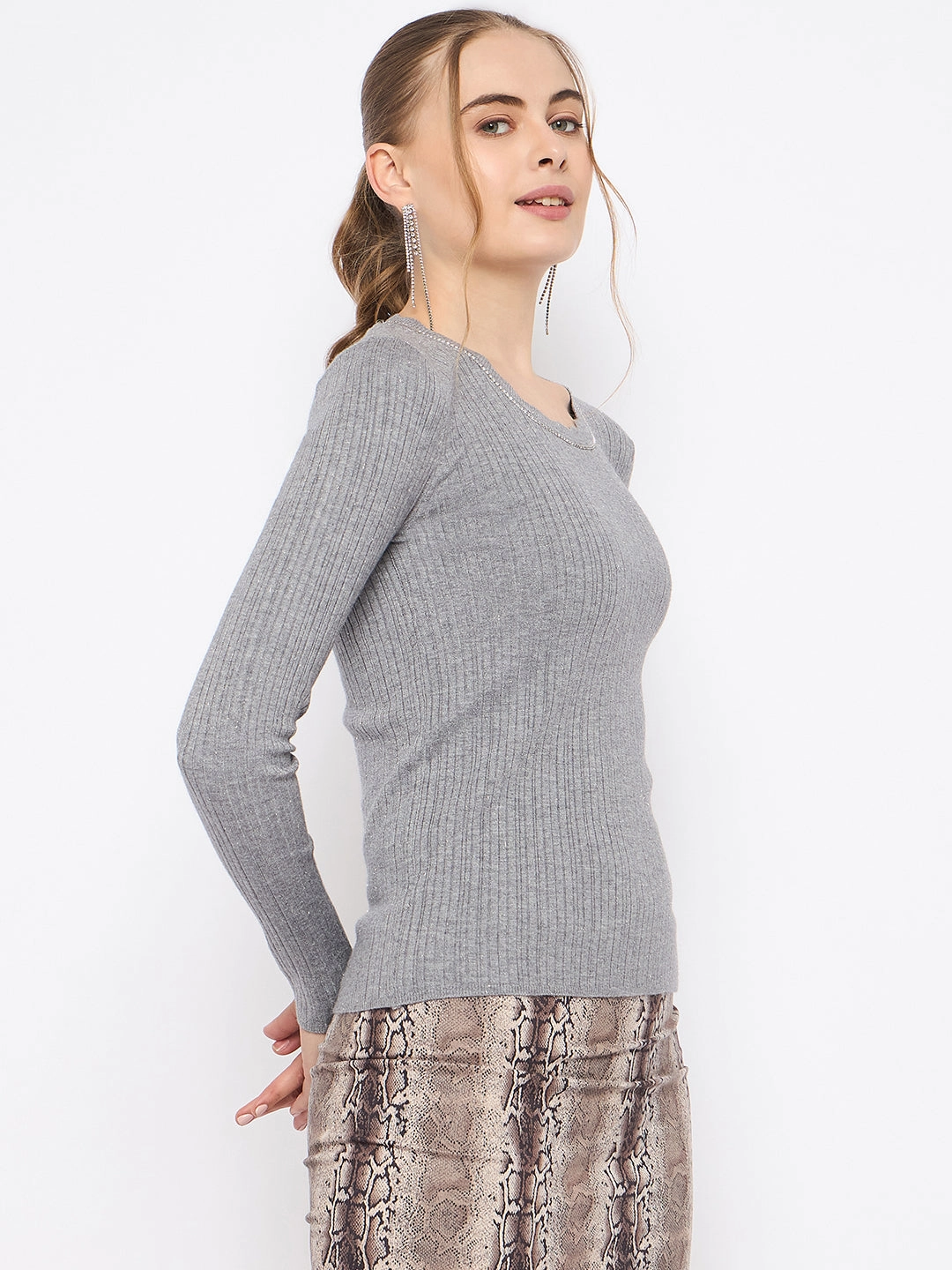 Madame Scalloped Neck Solid Grey Sweater Ultra Soft Merino Blend