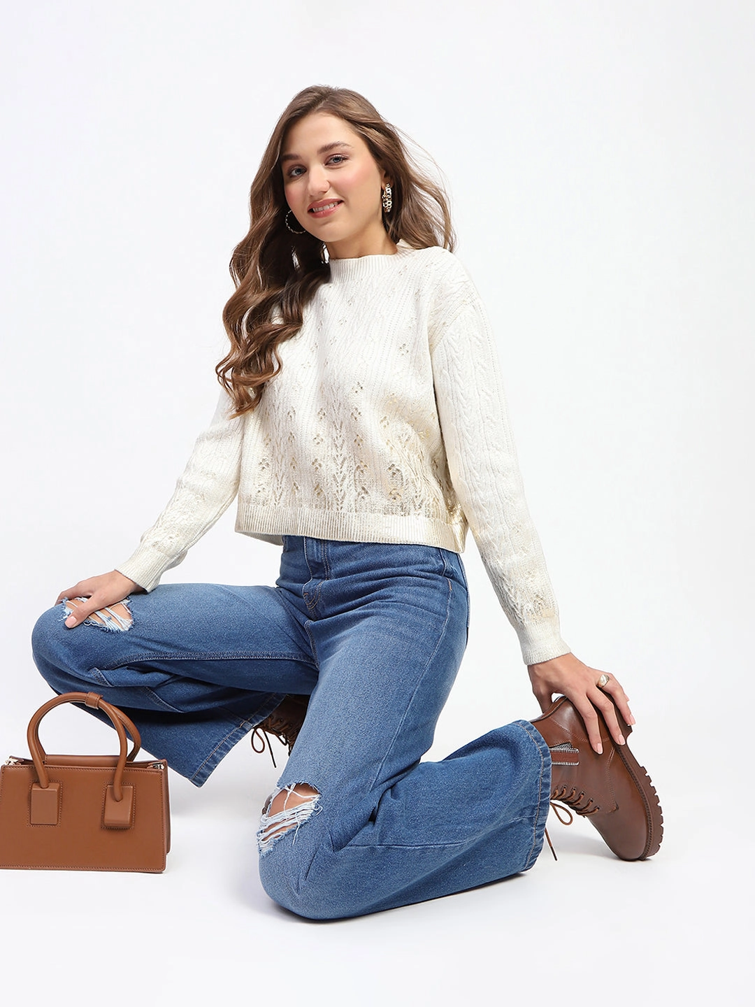 Madame Solid Off White Cable Knit Sweater Stretch Comfort Warm and Soft