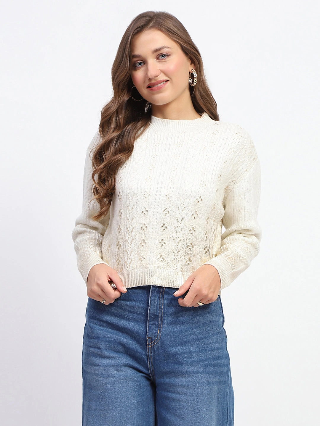 Breathable Design Soft Touch Texture Madame Solid Off White Cable Knit Sweater