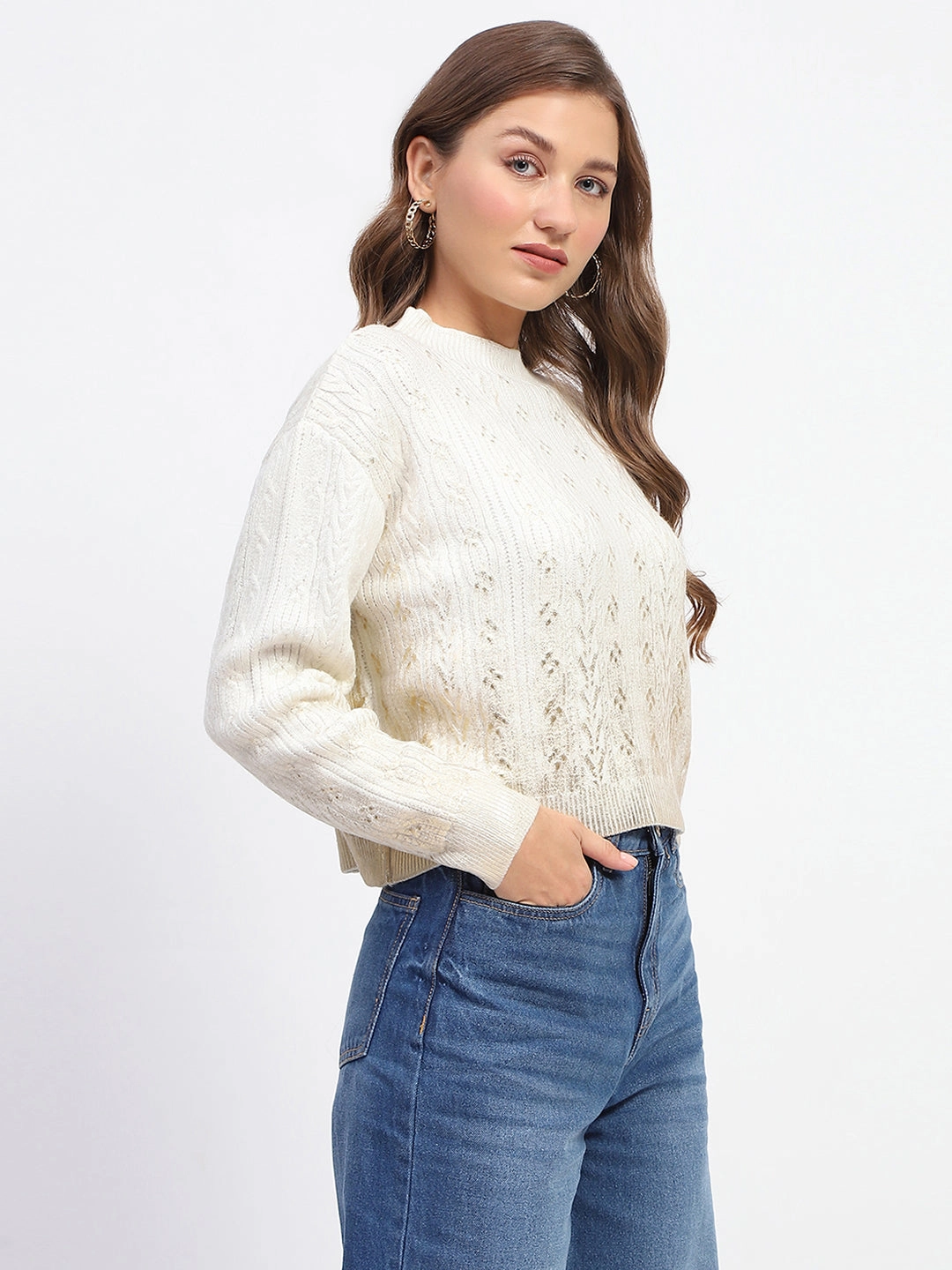 Madame Solid Off White Cable Knit Sweater Quick Dry Wear