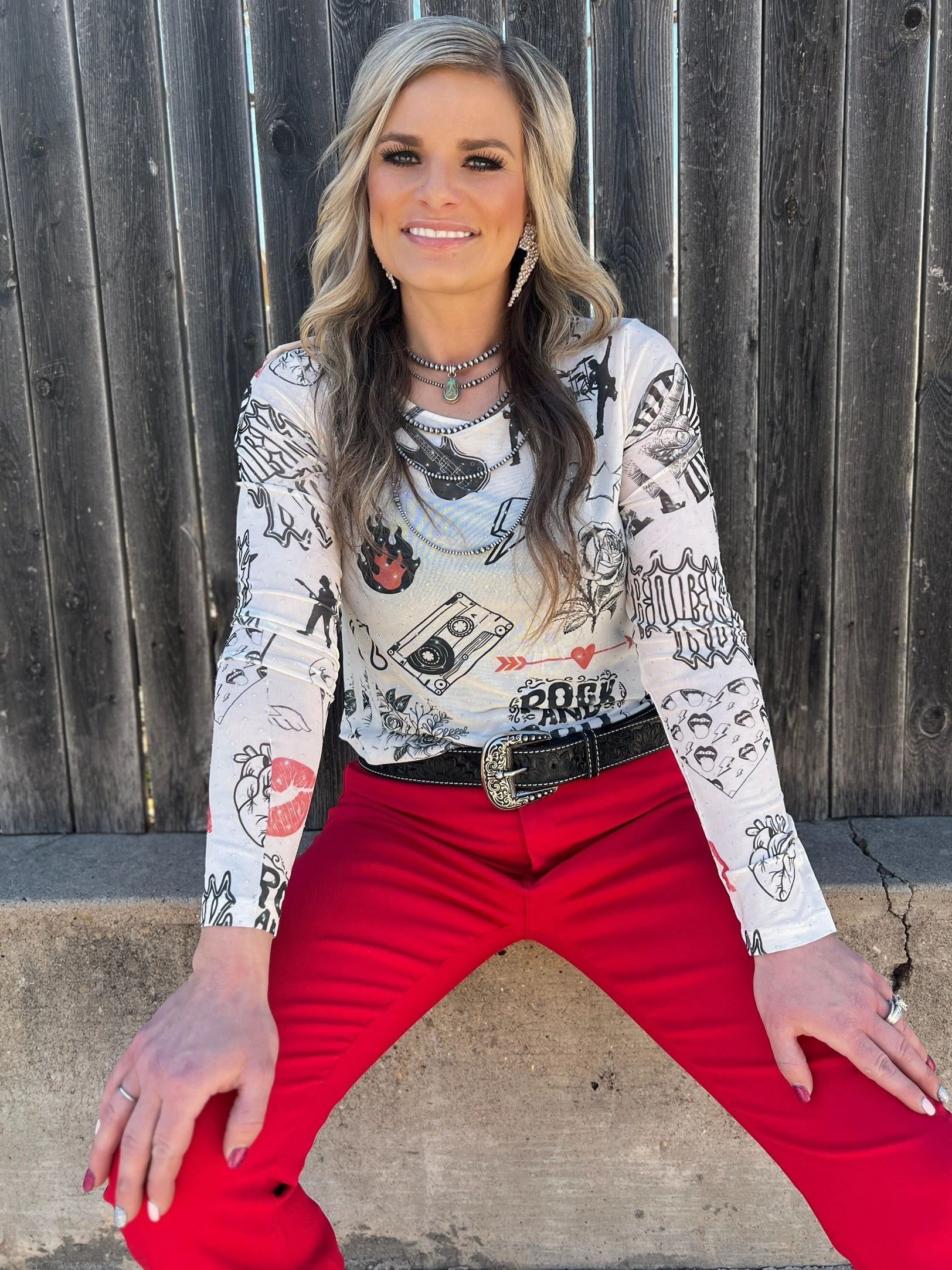 HighDurabilityWeave Thermal Regulation Fabric Origami Rock N Roll Rhinestone Mesh Top